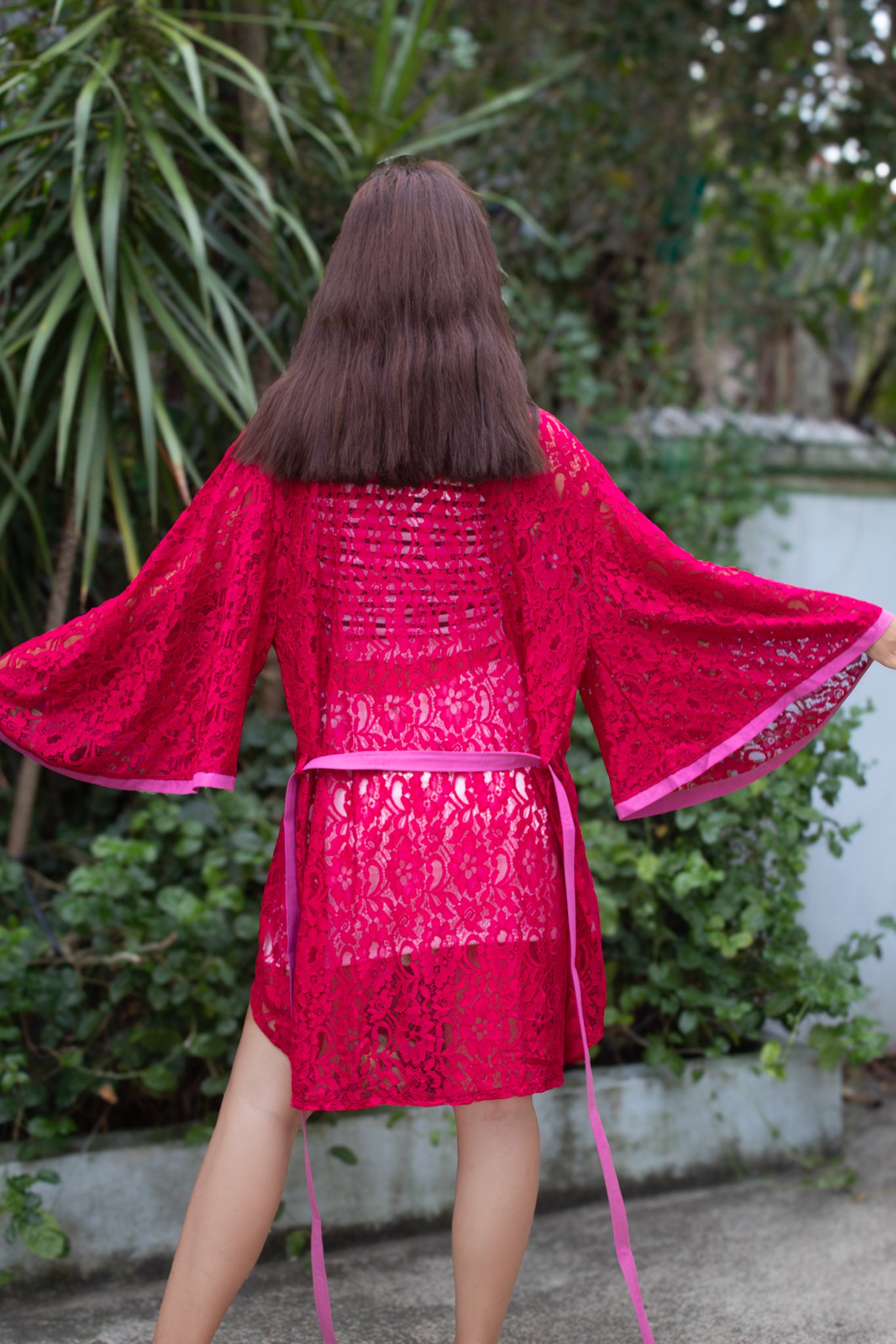 ✦ Midnight Hibiscus - Intricate Floral Maroon Lace Kimono with Stunning Matching Accent