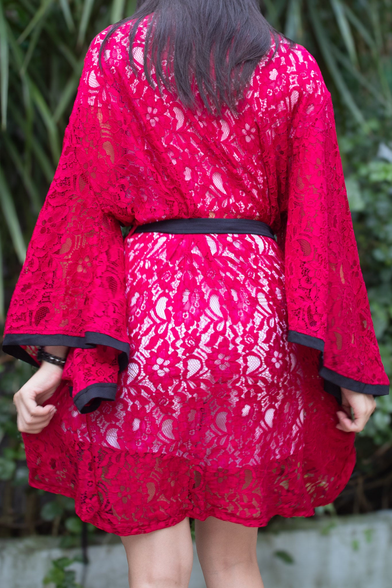 ✦ Midnight Hibiscus - Intricate Floral Maroon Lace Kimono with Stunning Matching Accent