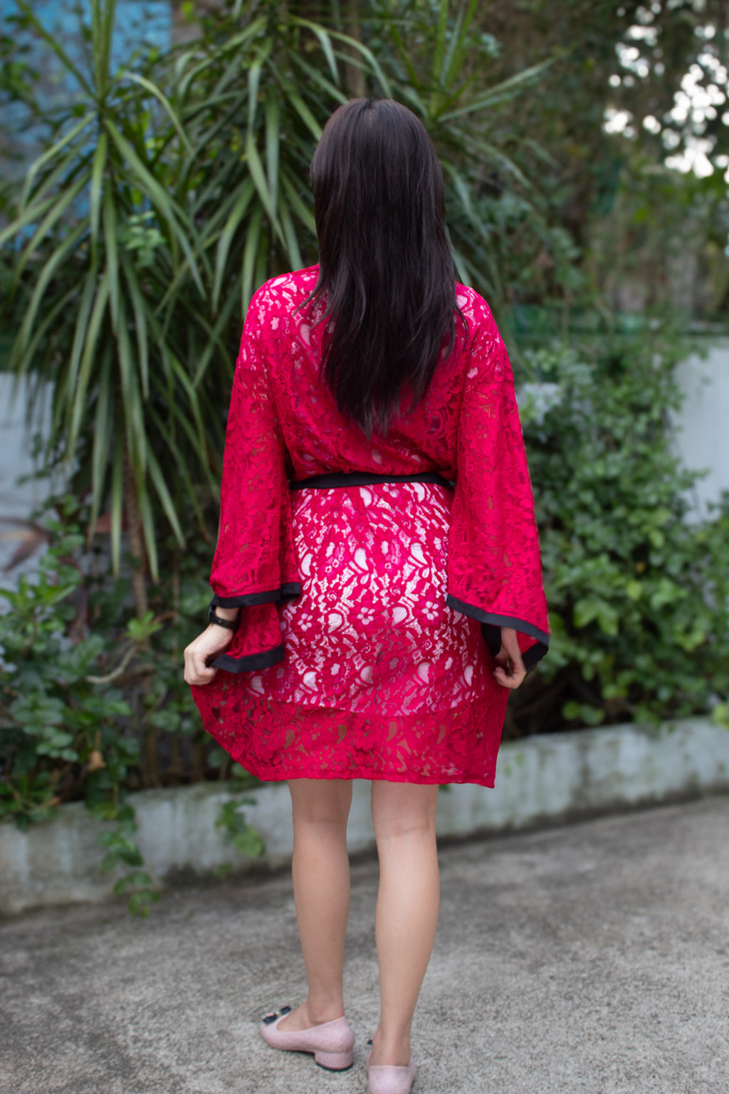 ✦ Midnight Hibiscus - Intricate Floral Maroon Lace Kimono with Stunning Matching Accent
