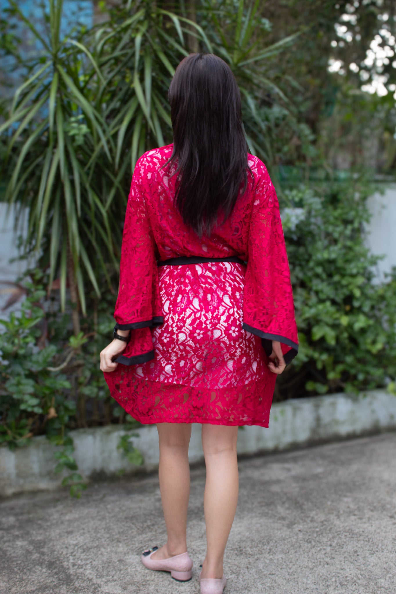 ✦ Midnight Hibiscus - Intricate Floral Maroon Lace Kimono with Stunning Matching Accent