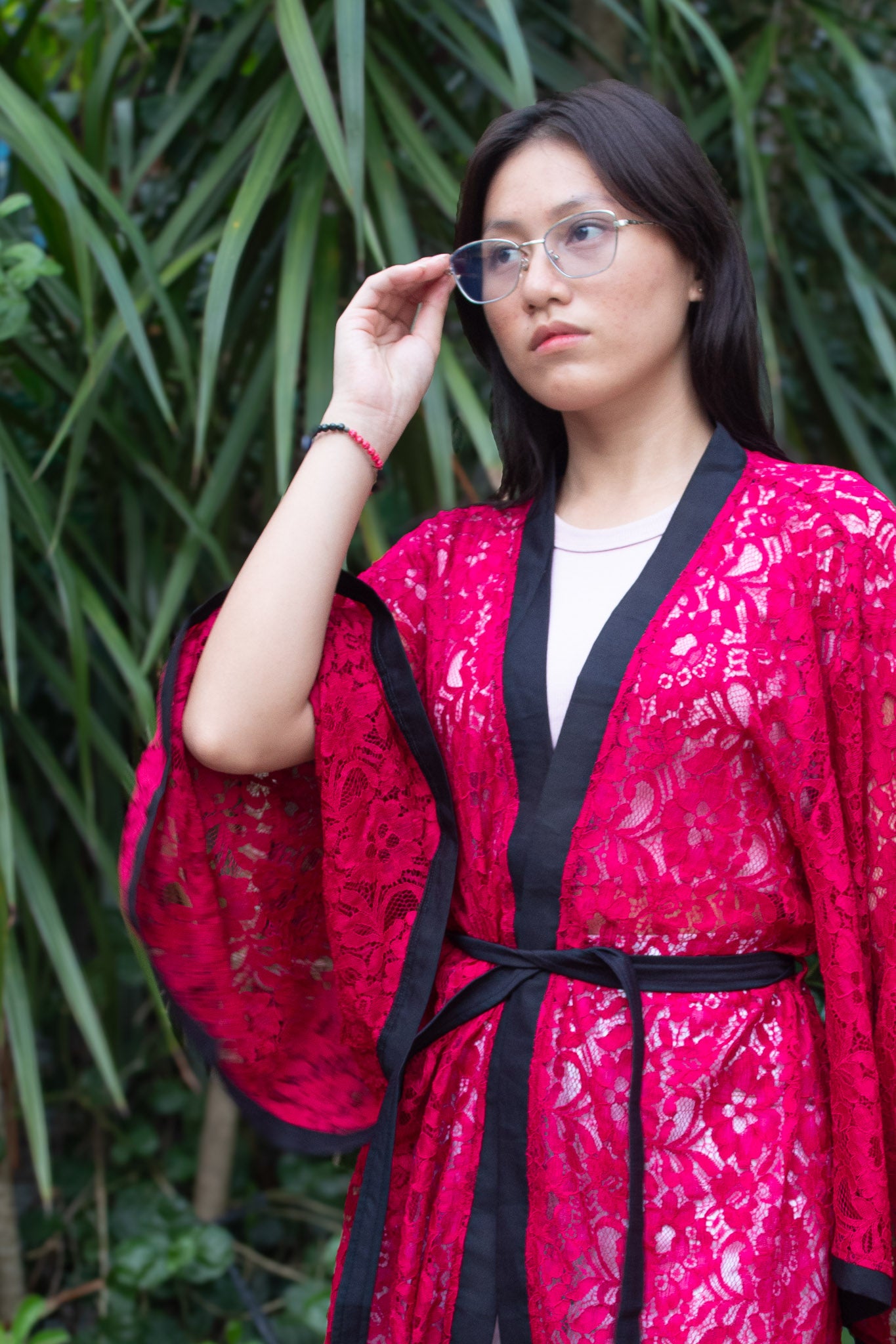 ✦ Midnight Hibiscus - Intricate Floral Maroon Lace Kimono with Stunning Matching Accent
