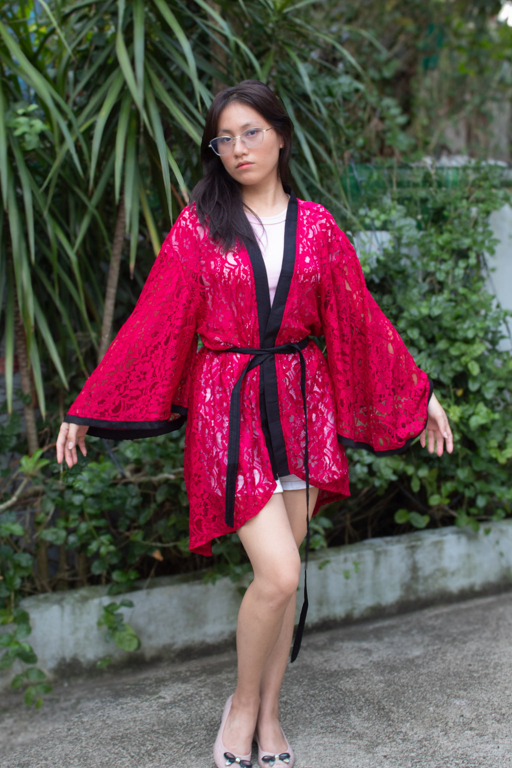 ✦ Midnight Hibiscus - Intricate Floral Maroon Lace Kimono with Stunning Matching Accent