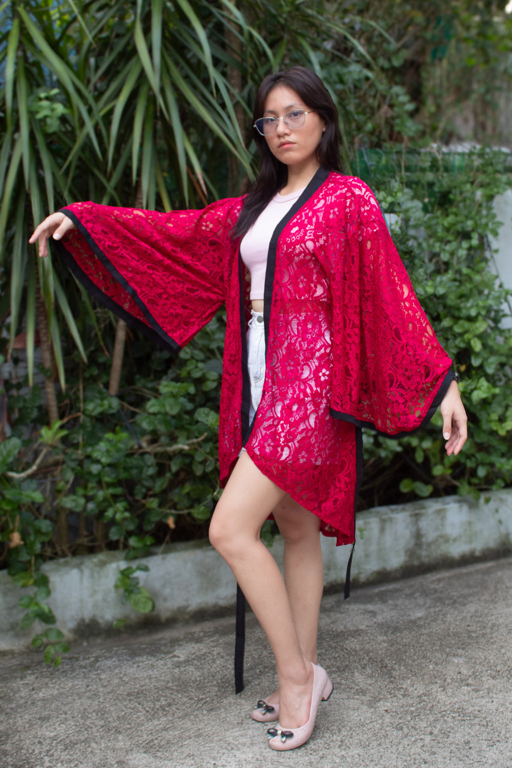 ✦ Midnight Hibiscus - Intricate Floral Maroon Lace Kimono with Stunning Matching Accent