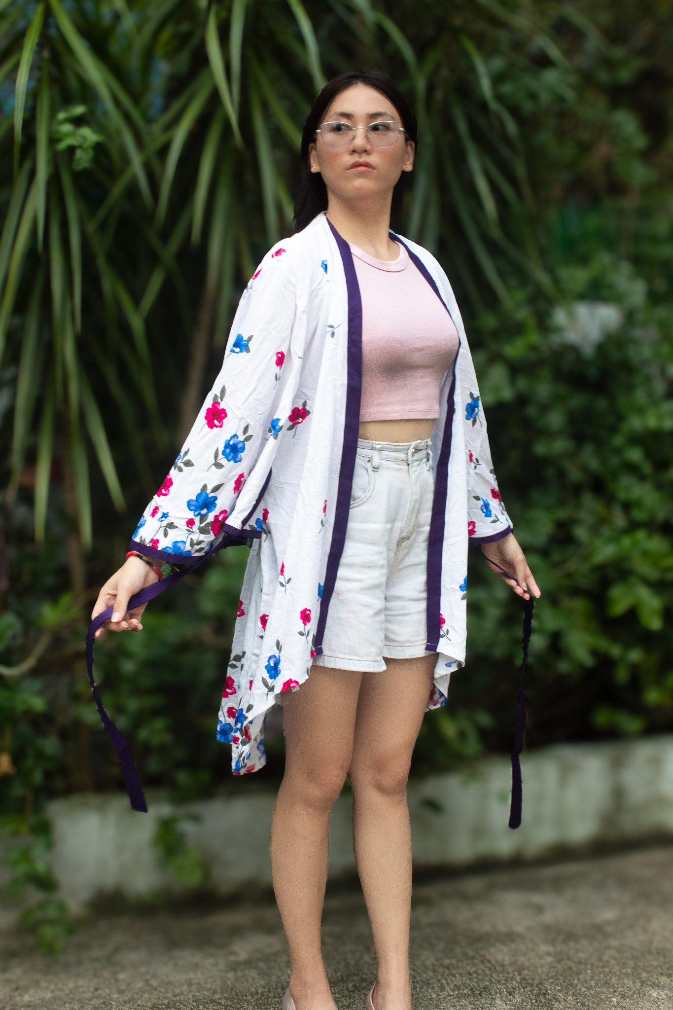 ✦ Bloomtrail Butterfly (Short) – White Cotton Kimono with Floral Motifs in Matching Accents and Butterfly Sleeves