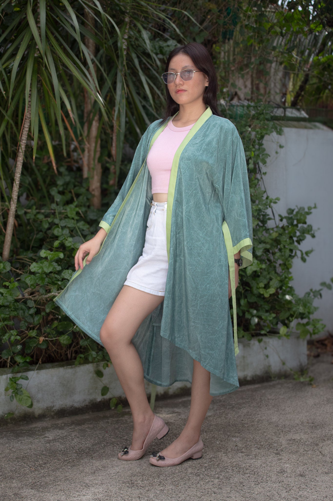 ✦ Marble Mornings – Mid-Length Marbled Teal Cotton Kimono in Crisp Olive Edge Trim