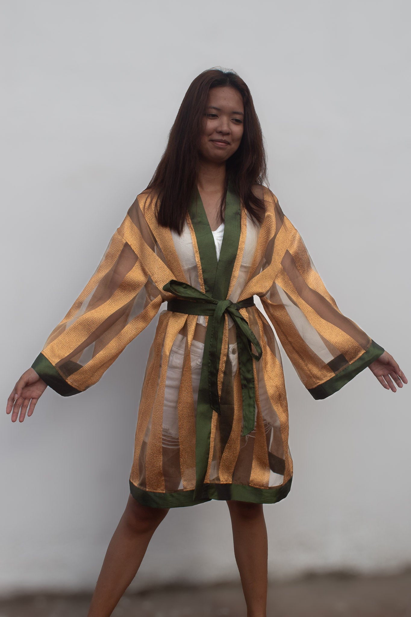 ✦ Verdant Thread – Sheer Organza Kimono with Shiny Gold Stripes and Olive Green Satin Trim