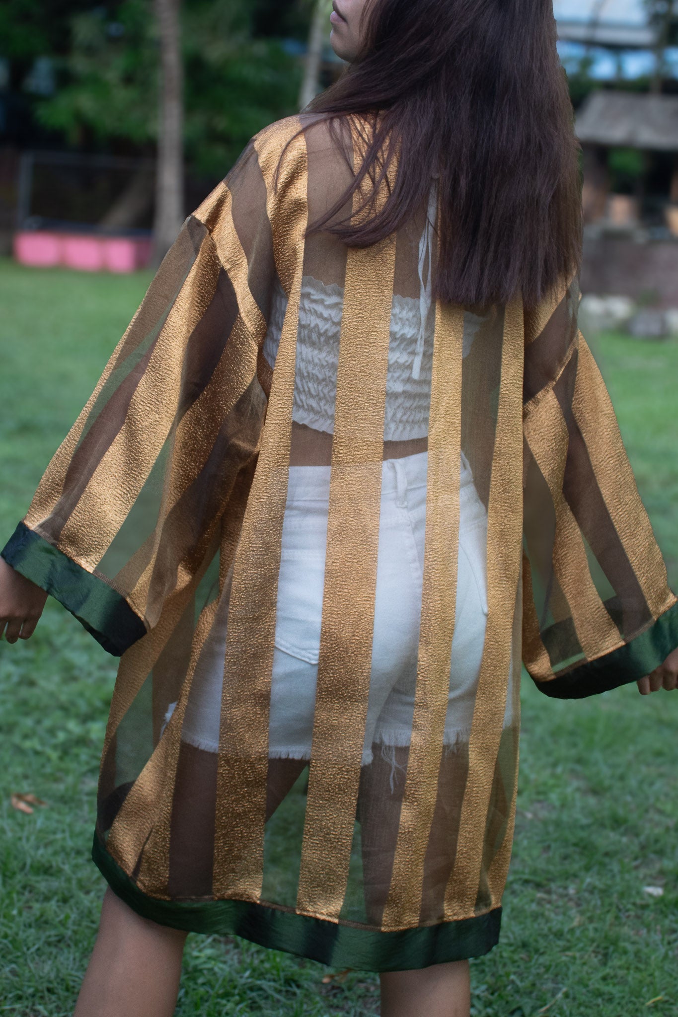 ✦ Verdant Thread – Sheer Organza Kimono with Shiny Gold Stripes and Olive Green Satin Trim