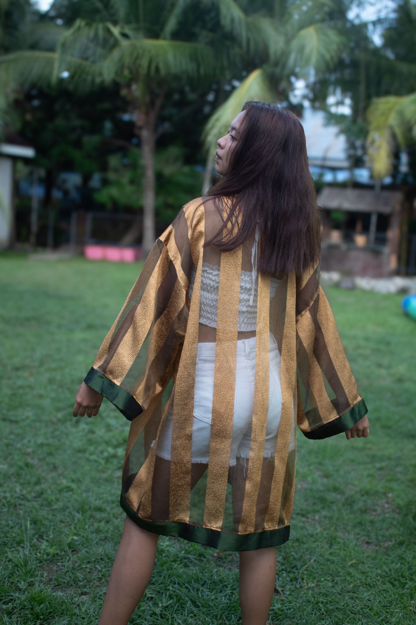 ✦ Verdant Thread – Sheer Organza Kimono with Shiny Gold Stripes and Olive Green Satin Trim