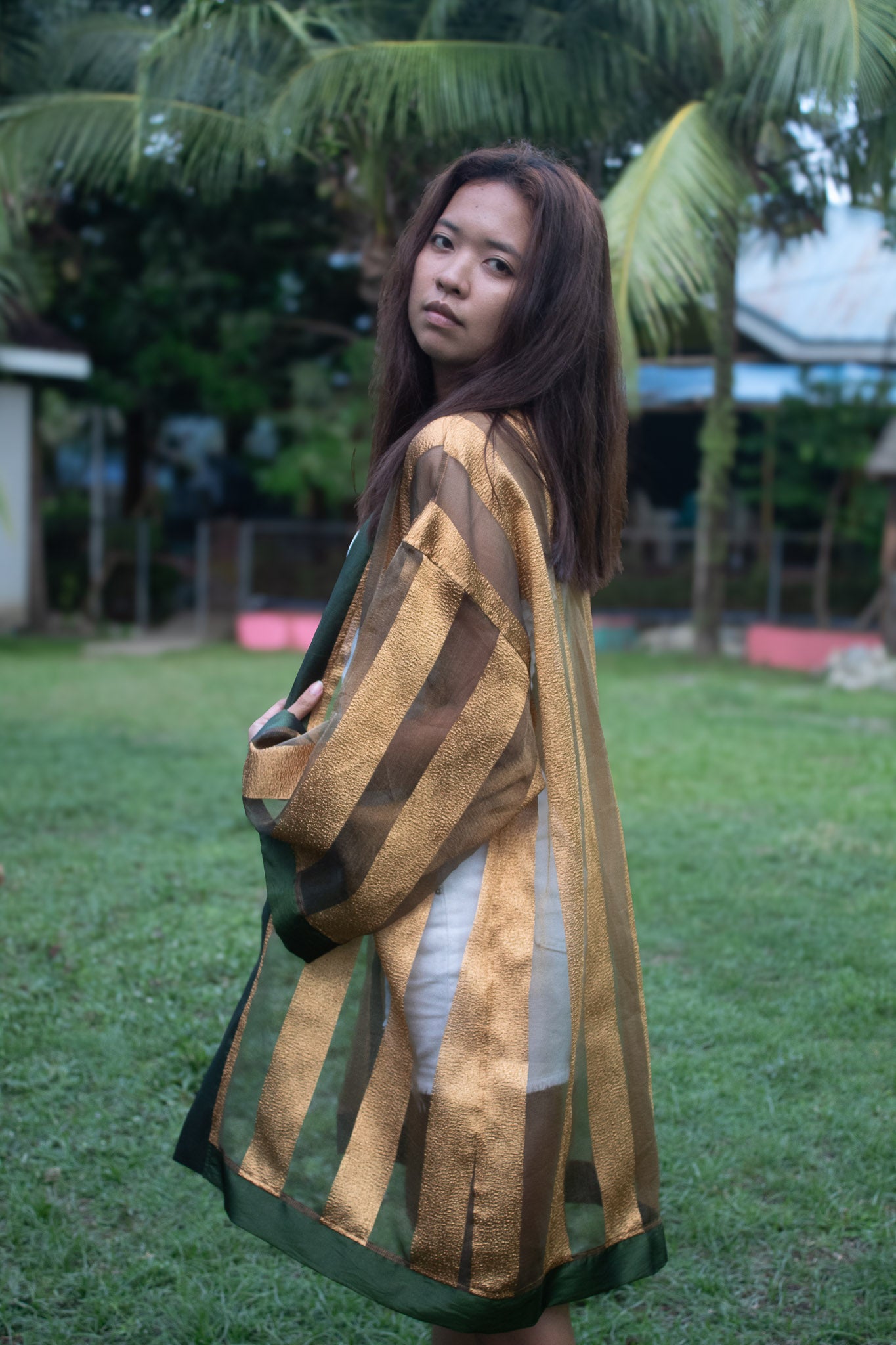 ✦ Verdant Thread – Sheer Organza Kimono with Shiny Gold Stripes and Olive Green Satin Trim