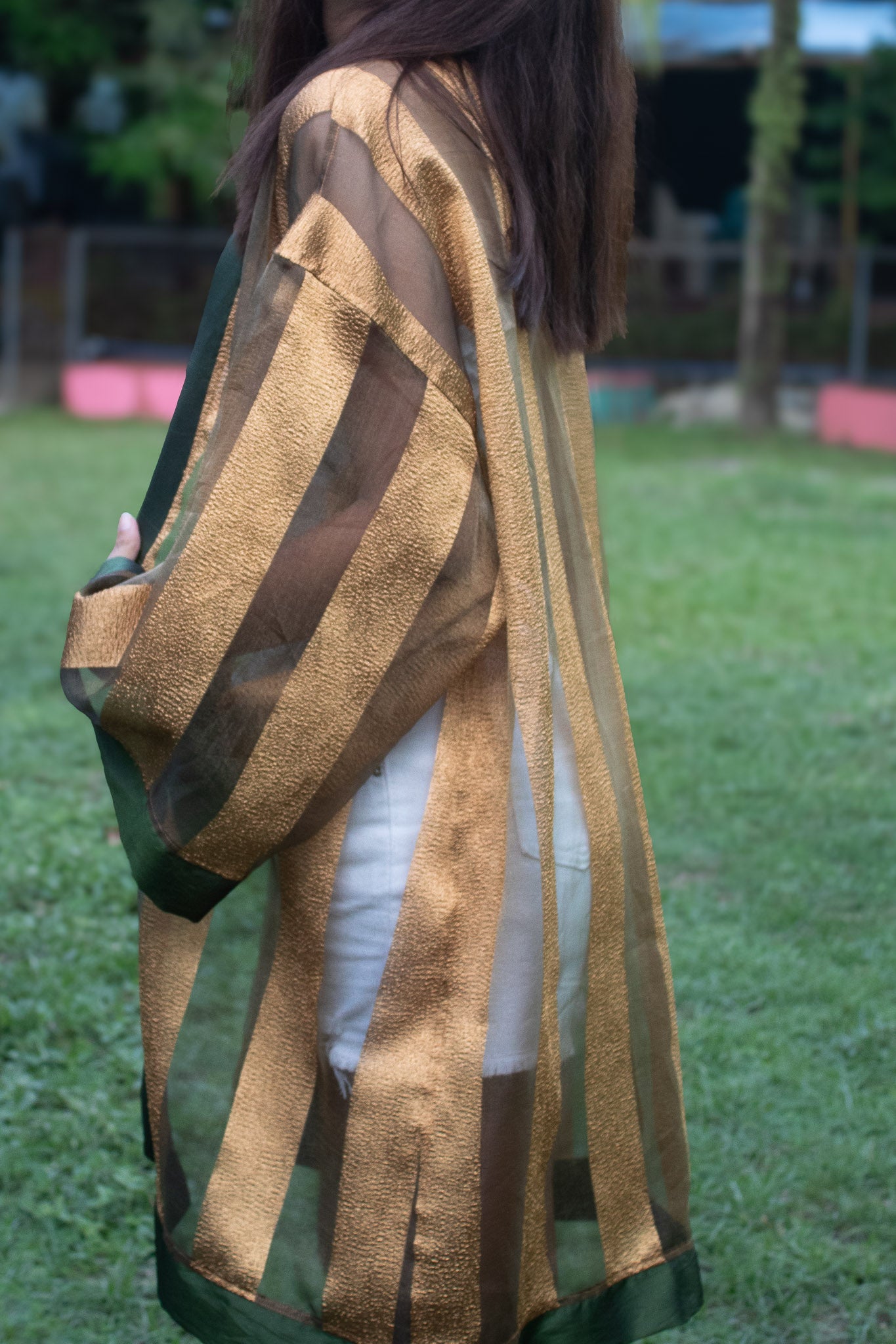 ✦ Verdant Thread – Sheer Organza Kimono with Shiny Gold Stripes and Olive Green Satin Trim