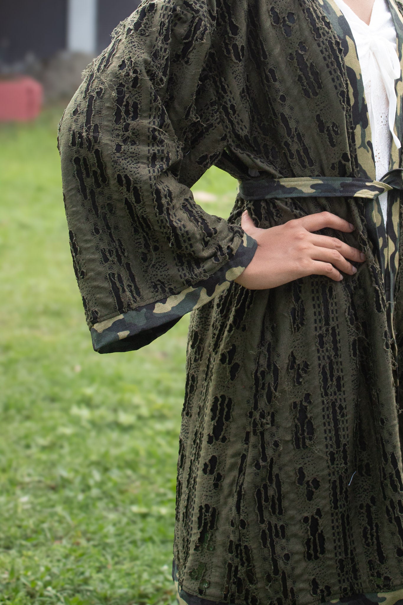 ✦ Forest Chant – Burnout Green Kimono with Camouflage Trim and Belt