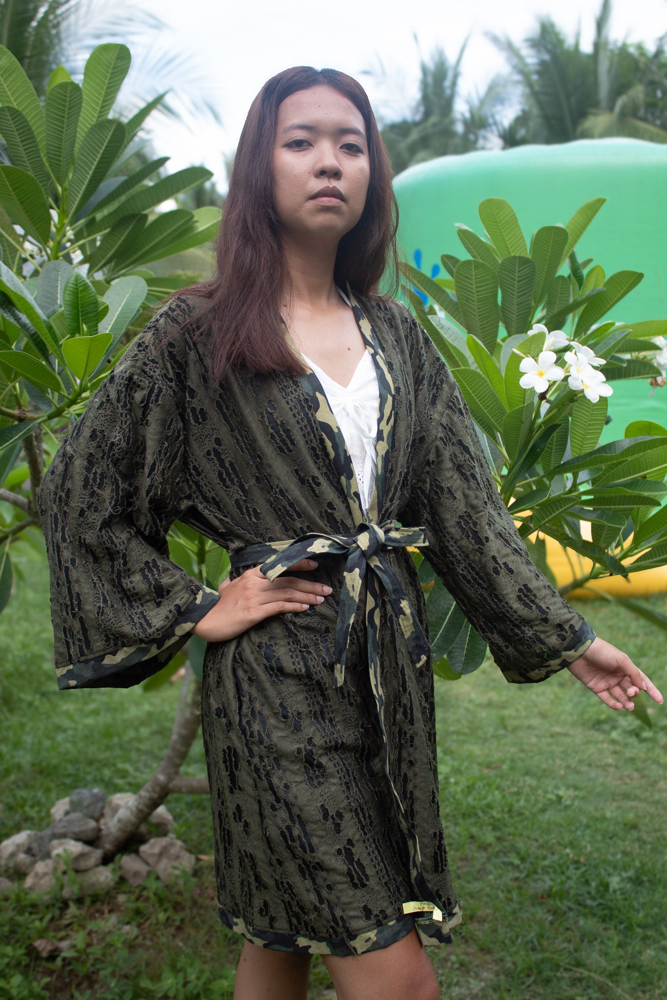 ✦ Forest Chant – Burnout Green Kimono with Camouflage Trim and Belt