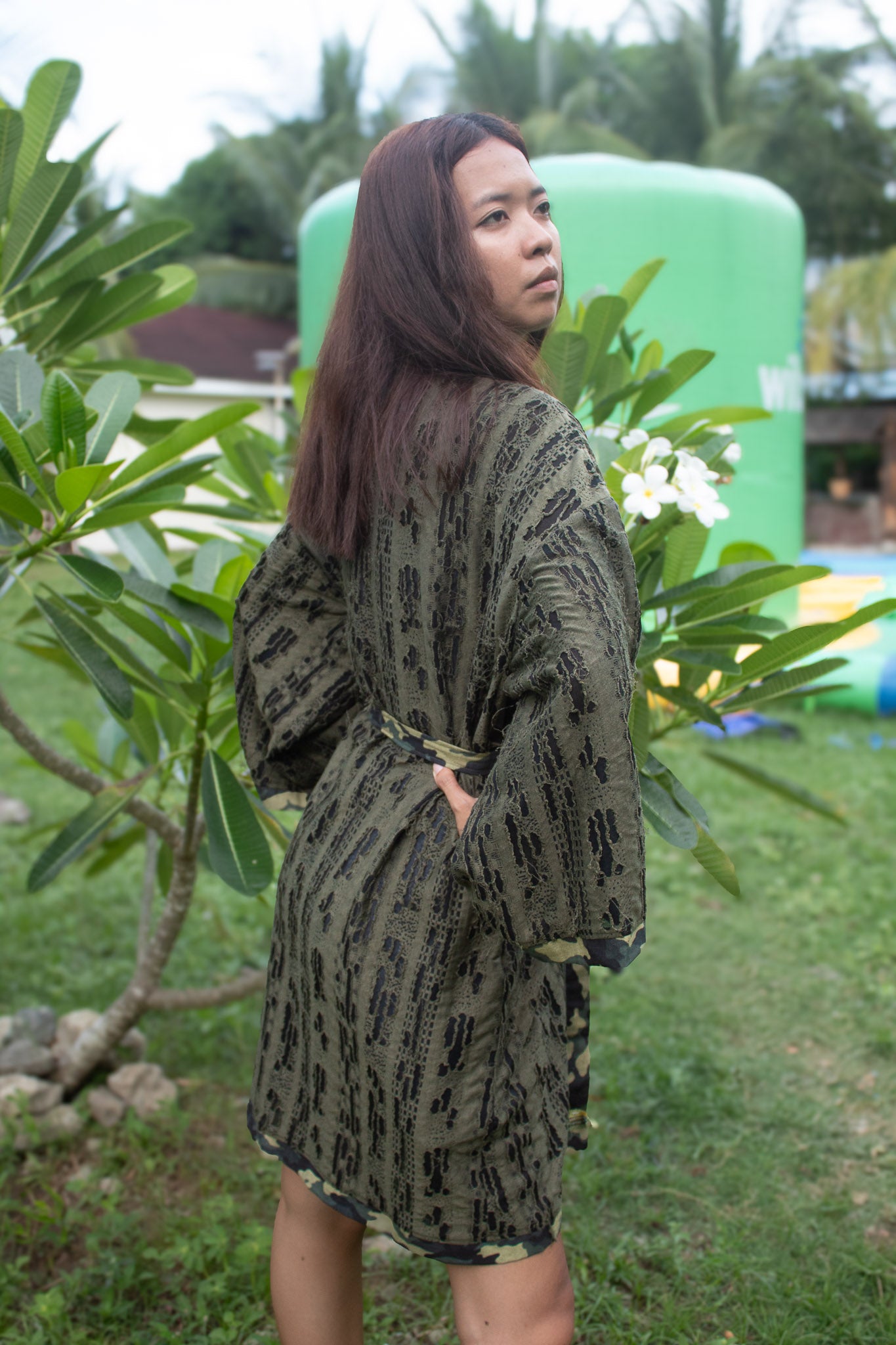 ✦ Forest Chant – Burnout Green Kimono with Camouflage Trim and Belt