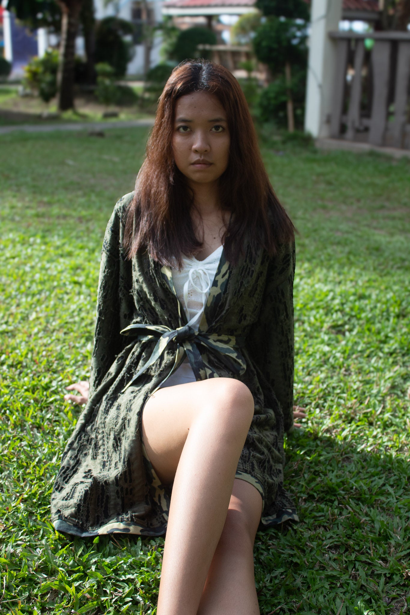 ✦ Forest Chant – Burnout Green Kimono with Camouflage Trim and Belt