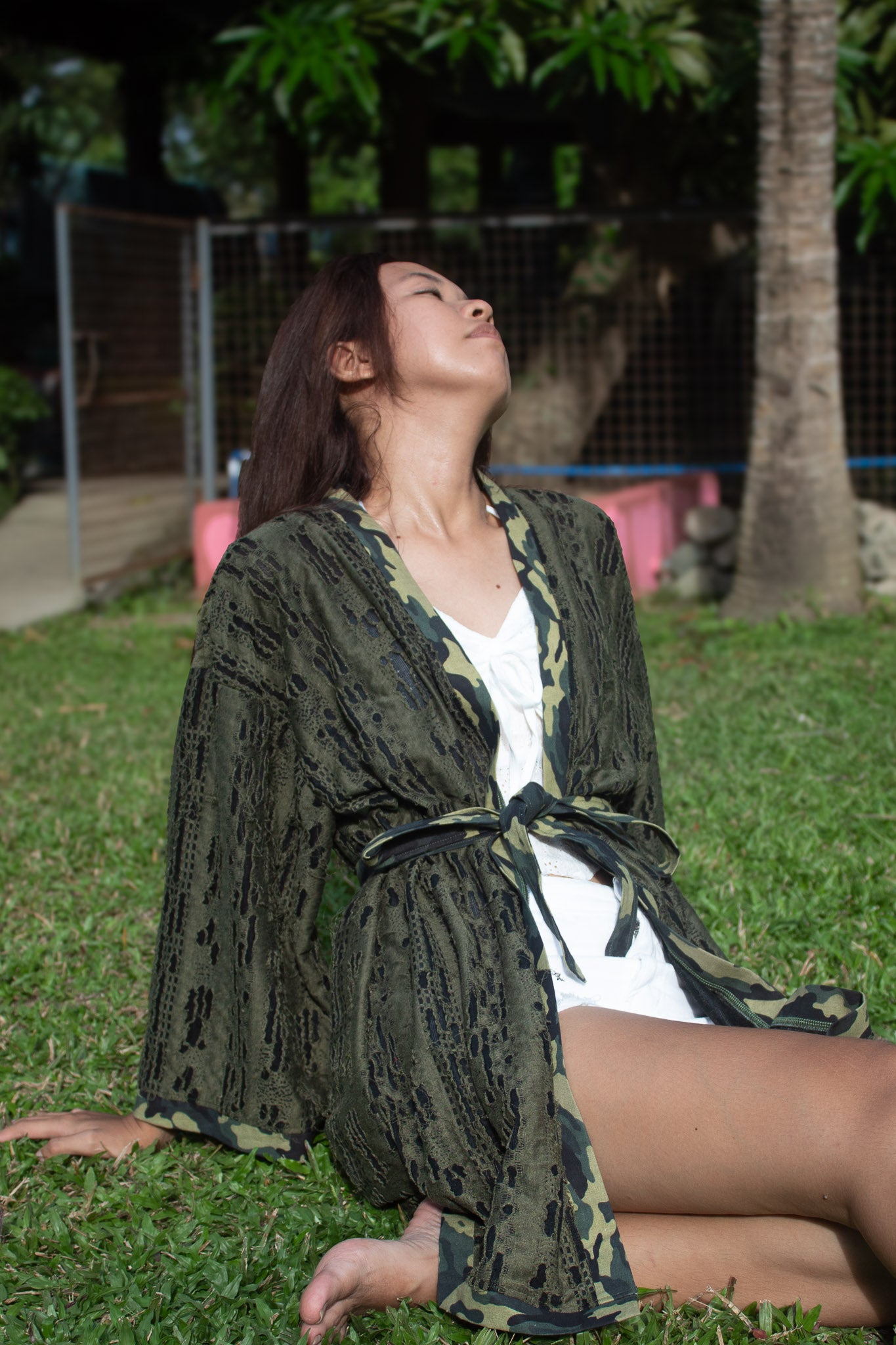 ✦ Forest Chant – Burnout Green Kimono with Camouflage Trim and Belt