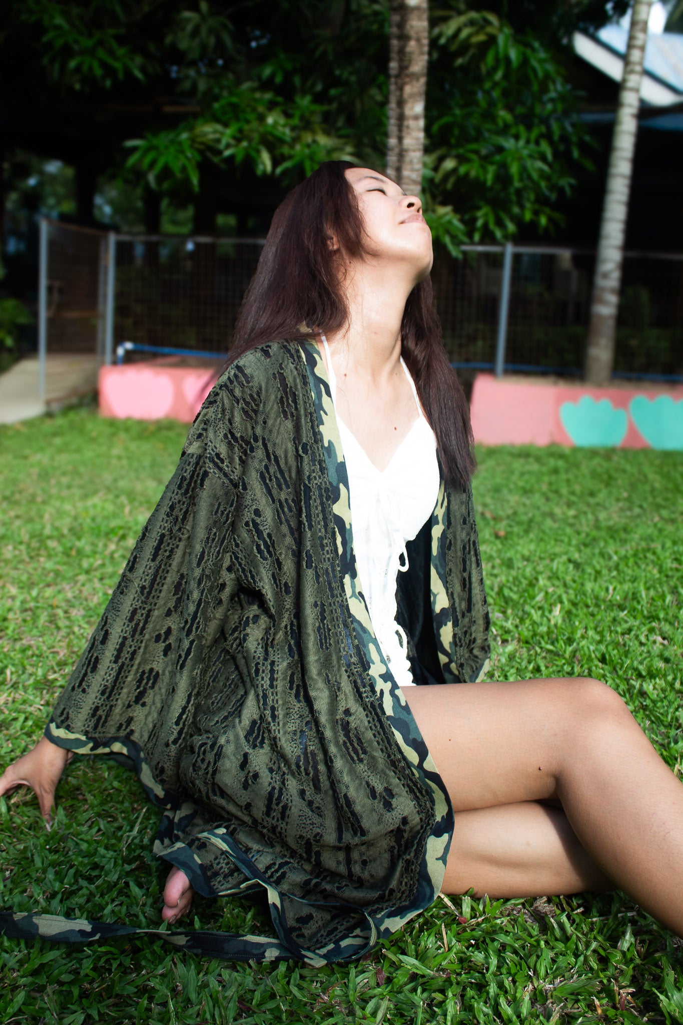 ✦ Forest Chant – Burnout Green Kimono with Camouflage Trim and Belt