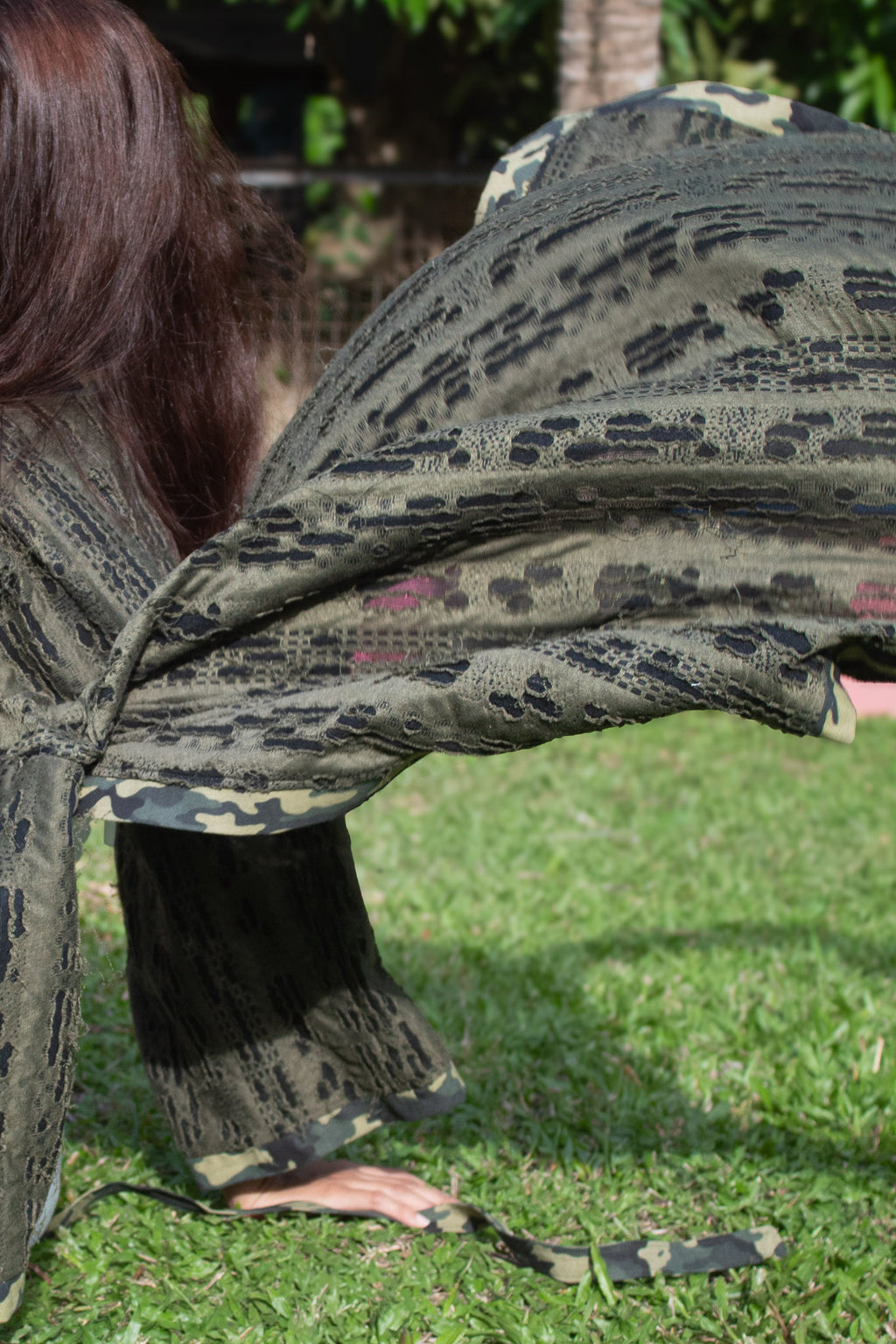 ✦ Forest Chant – Burnout Green Kimono with Camouflage Trim and Belt