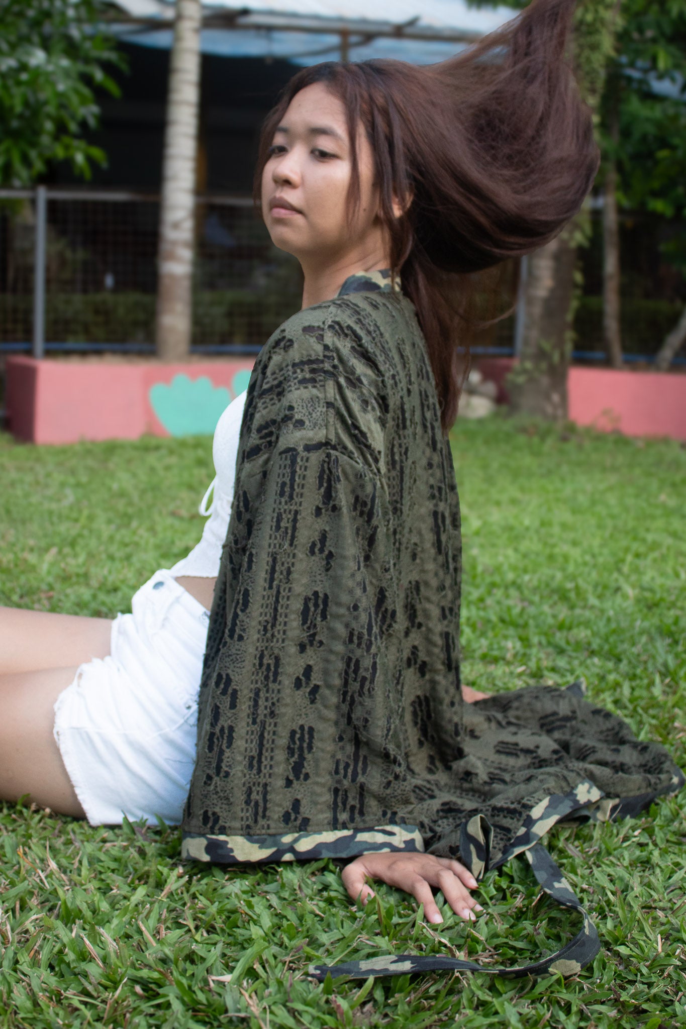 ✦ Forest Chant – Burnout Green Kimono with Camouflage Trim and Belt