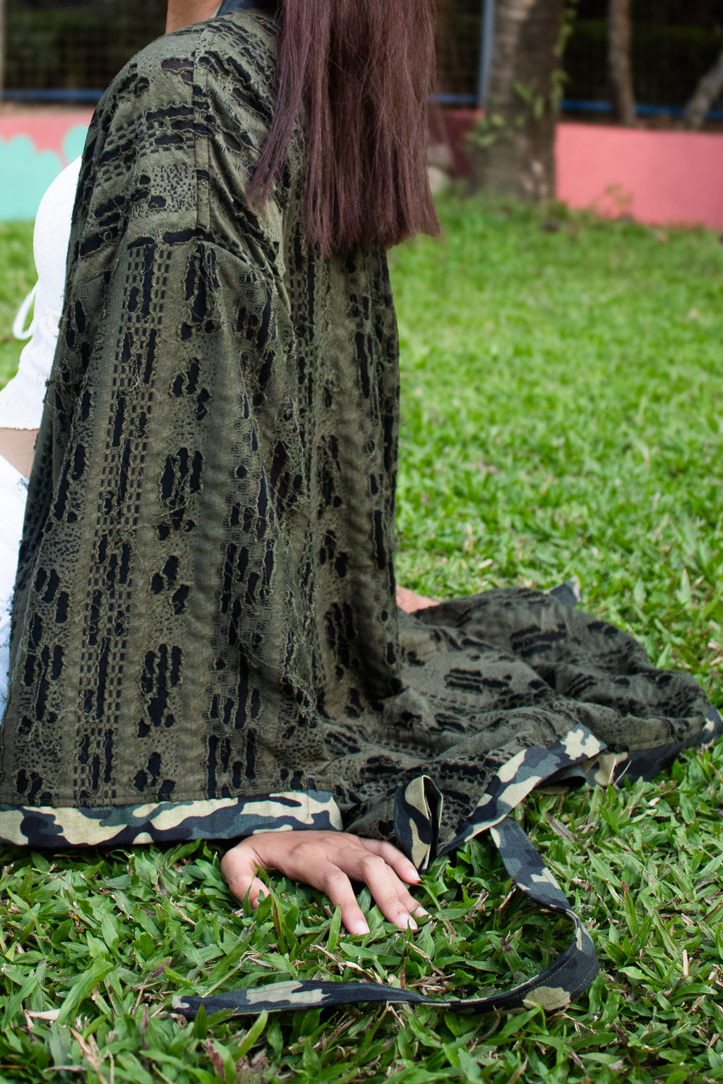 ✦ Forest Chant – Burnout Green Kimono with Camouflage Trim and Belt