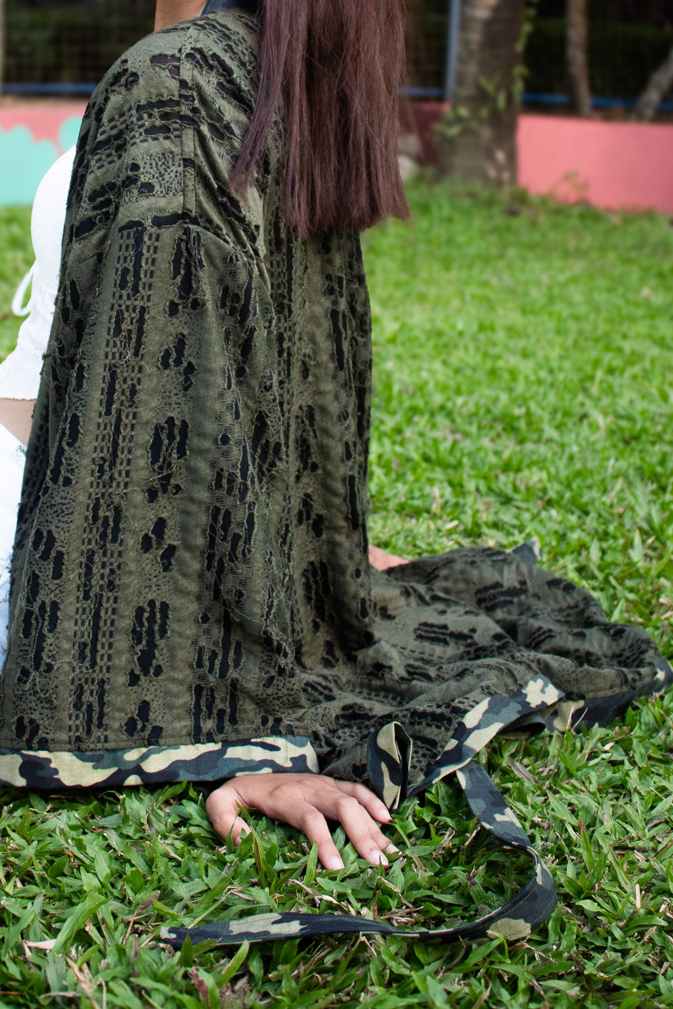 ✦ Forest Chant – Burnout Green Kimono with Camouflage Trim and Belt