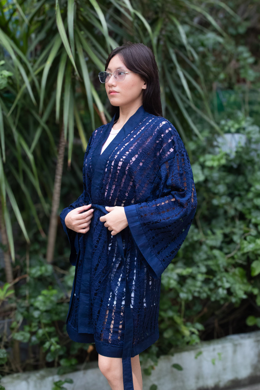 ✦ Midnight Starlight – Sheer Navy Lace Kimono with Navy Blue Trim