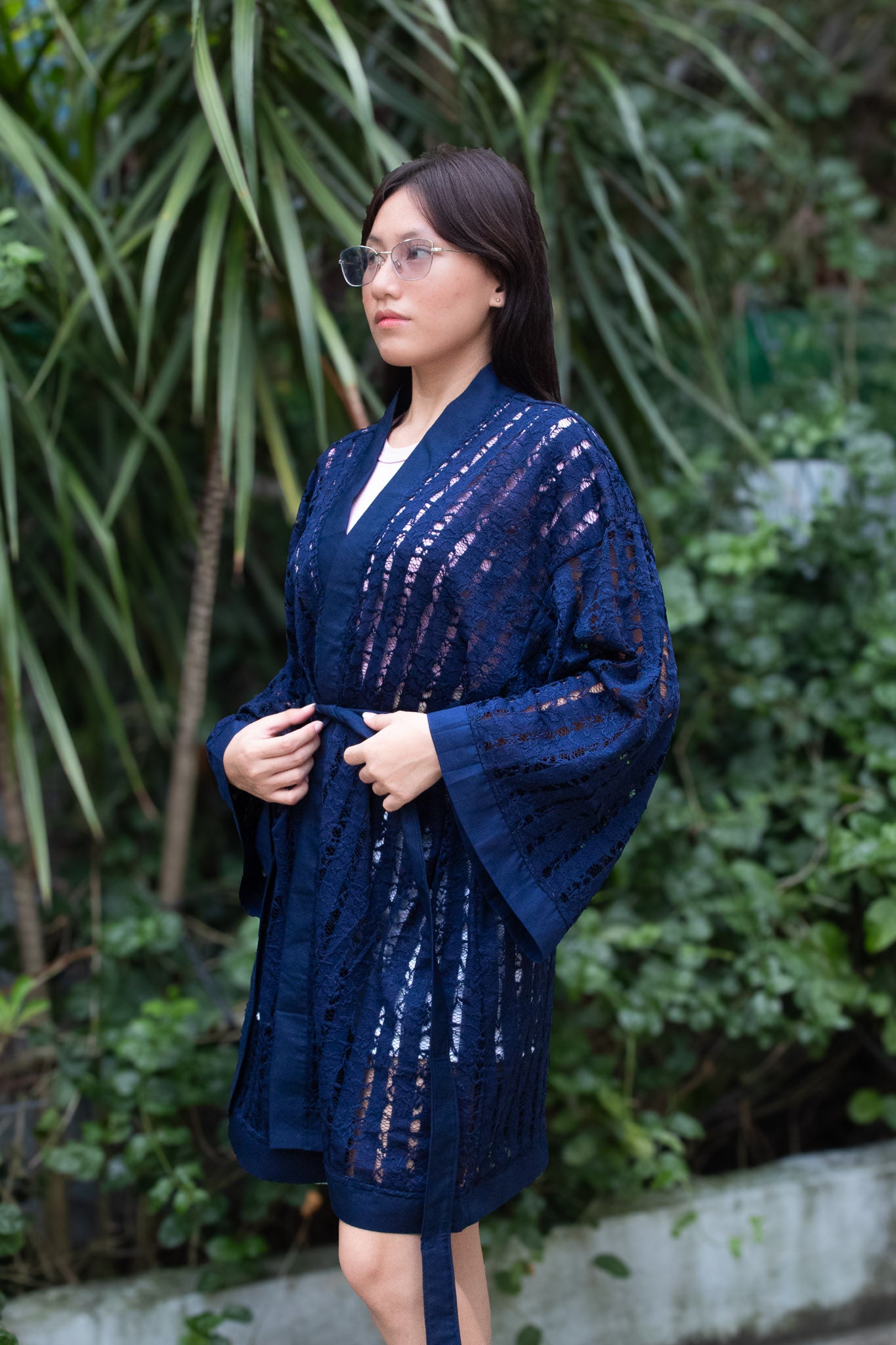 ✦ Midnight Starlight – Sheer Navy Lace Kimono with Navy Blue Trim