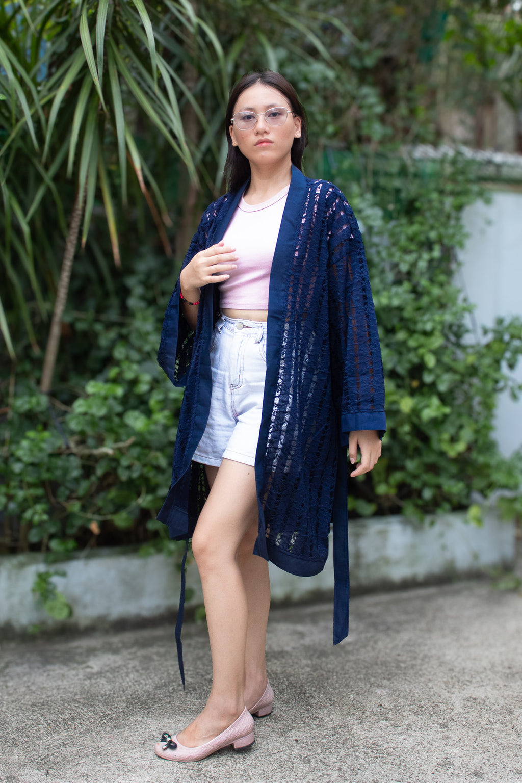 ✦ Midnight Starlight – Sheer Navy Lace Kimono with Navy Blue Trim