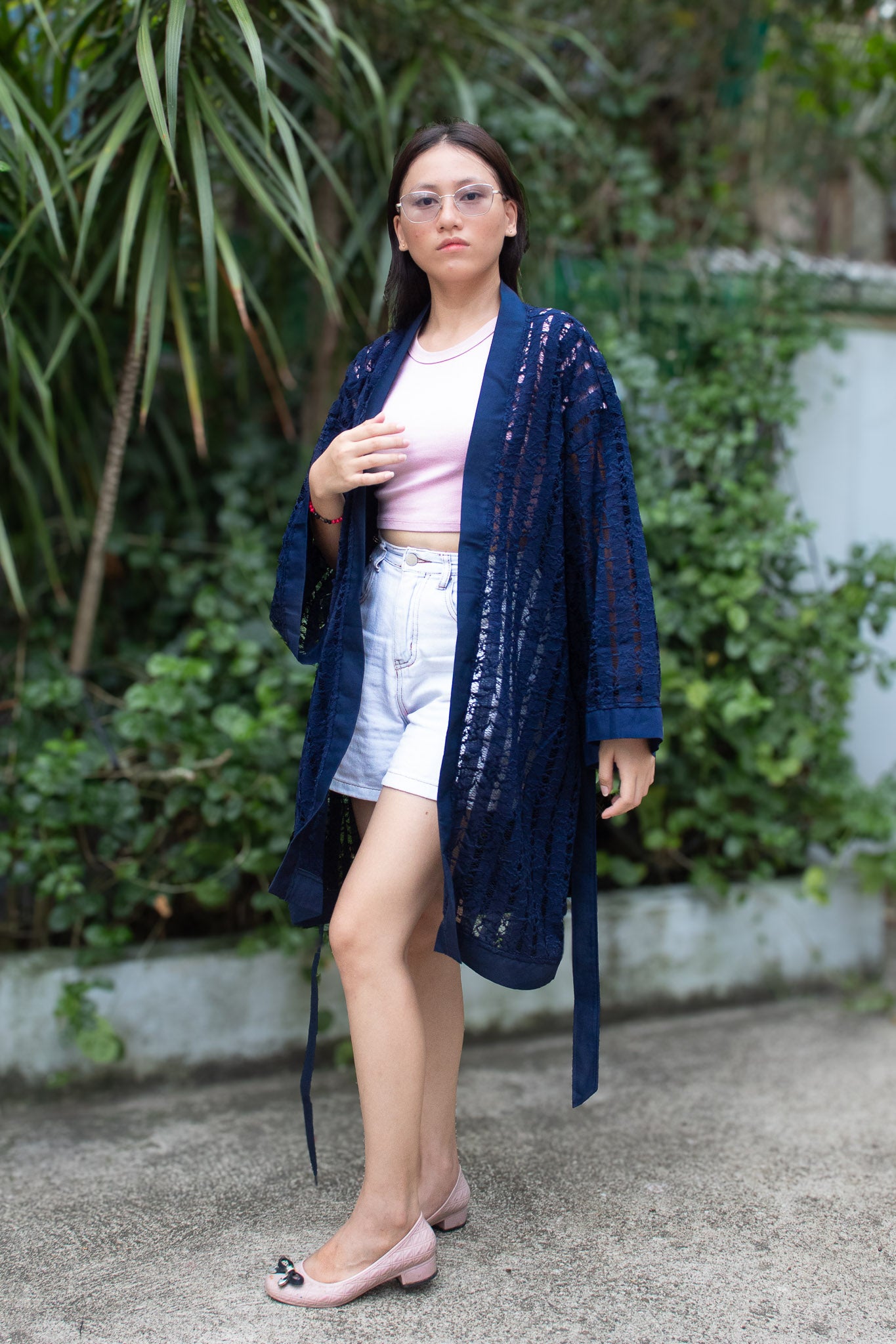 ✦ Midnight Starlight – Sheer Navy Lace Kimono with Navy Blue Trim