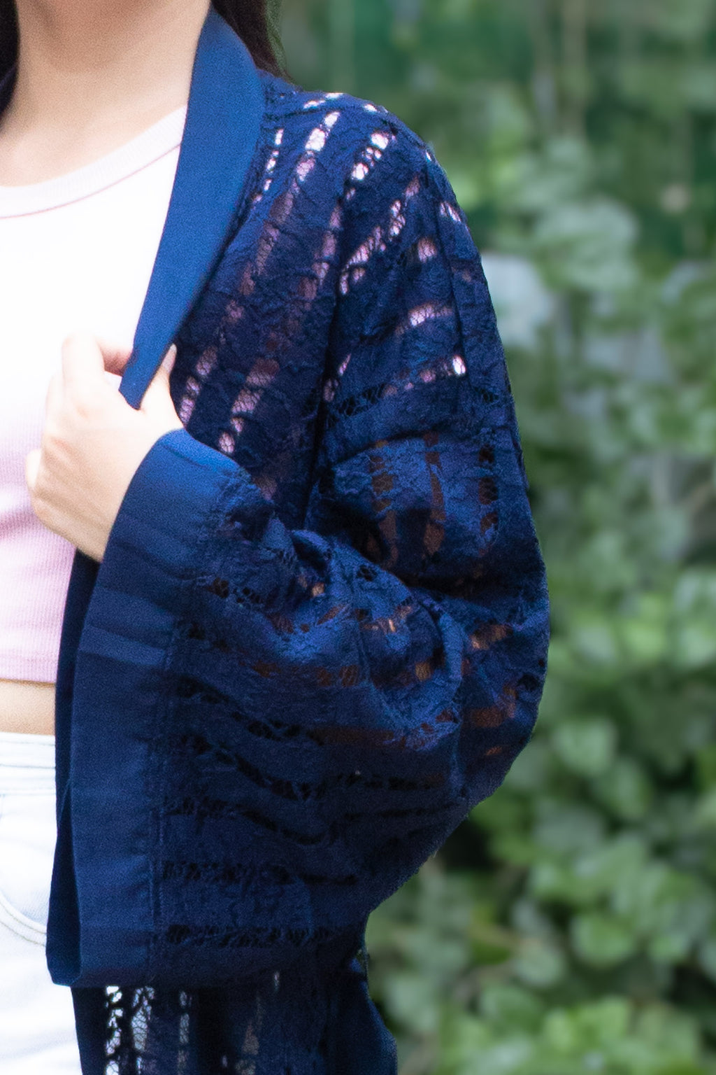 ✦ Midnight Starlight – Sheer Navy Lace Kimono with Navy Blue Trim