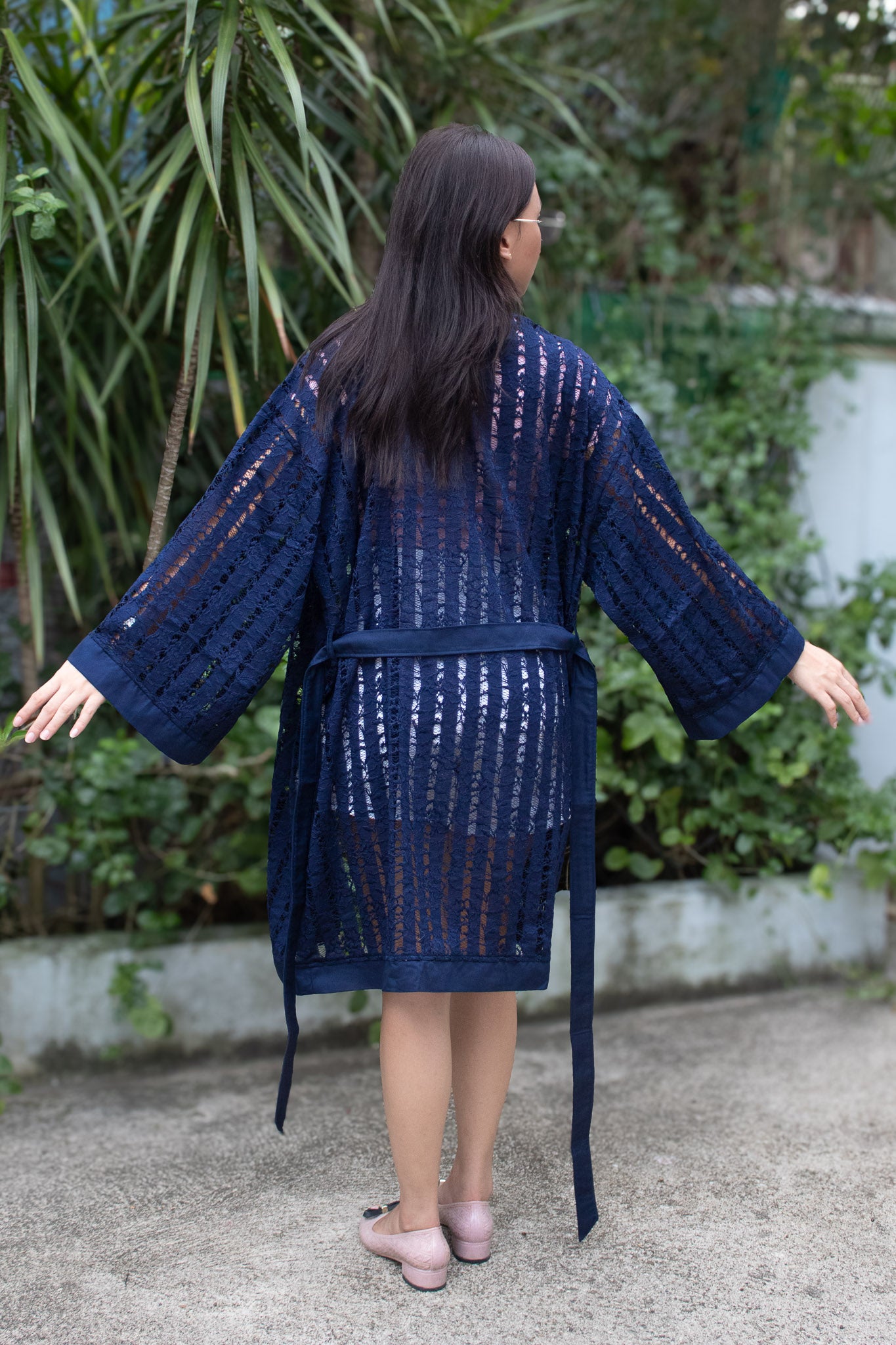 ✦ Midnight Starlight – Sheer Navy Lace Kimono with Navy Blue Trim