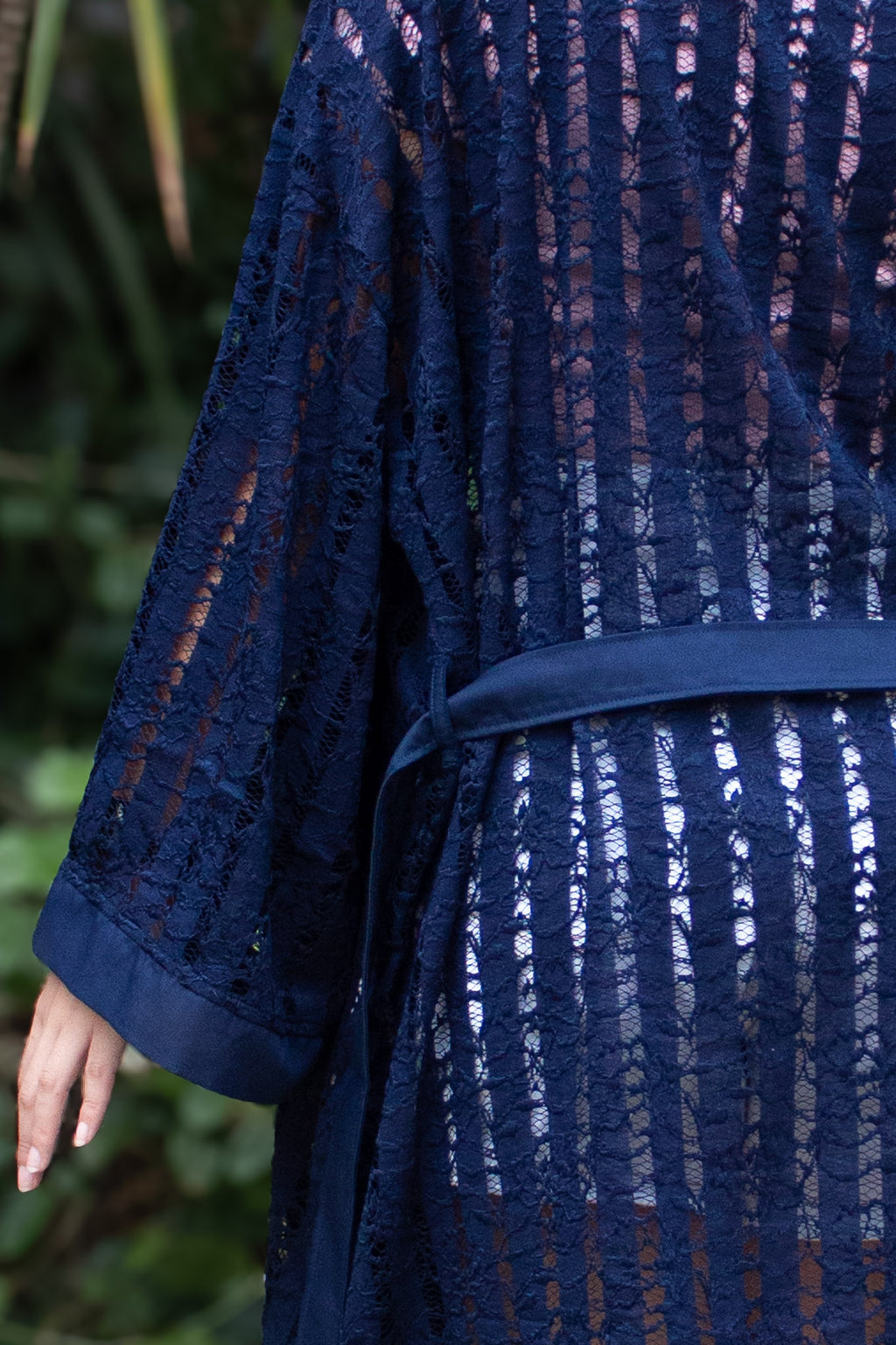 ✦ Midnight Starlight – Sheer Navy Lace Kimono with Navy Blue Trim