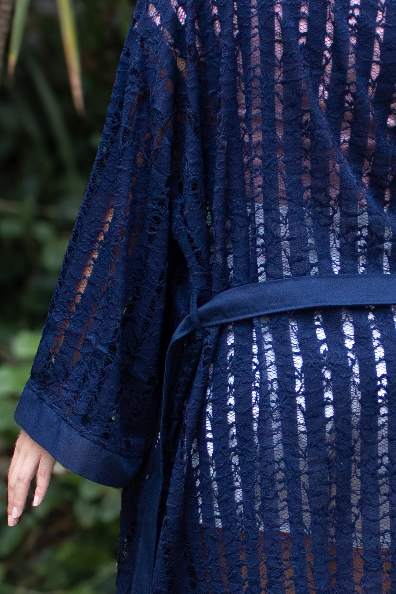 ✦ Midnight Starlight – Sheer Navy Lace Kimono with Navy Blue Trim