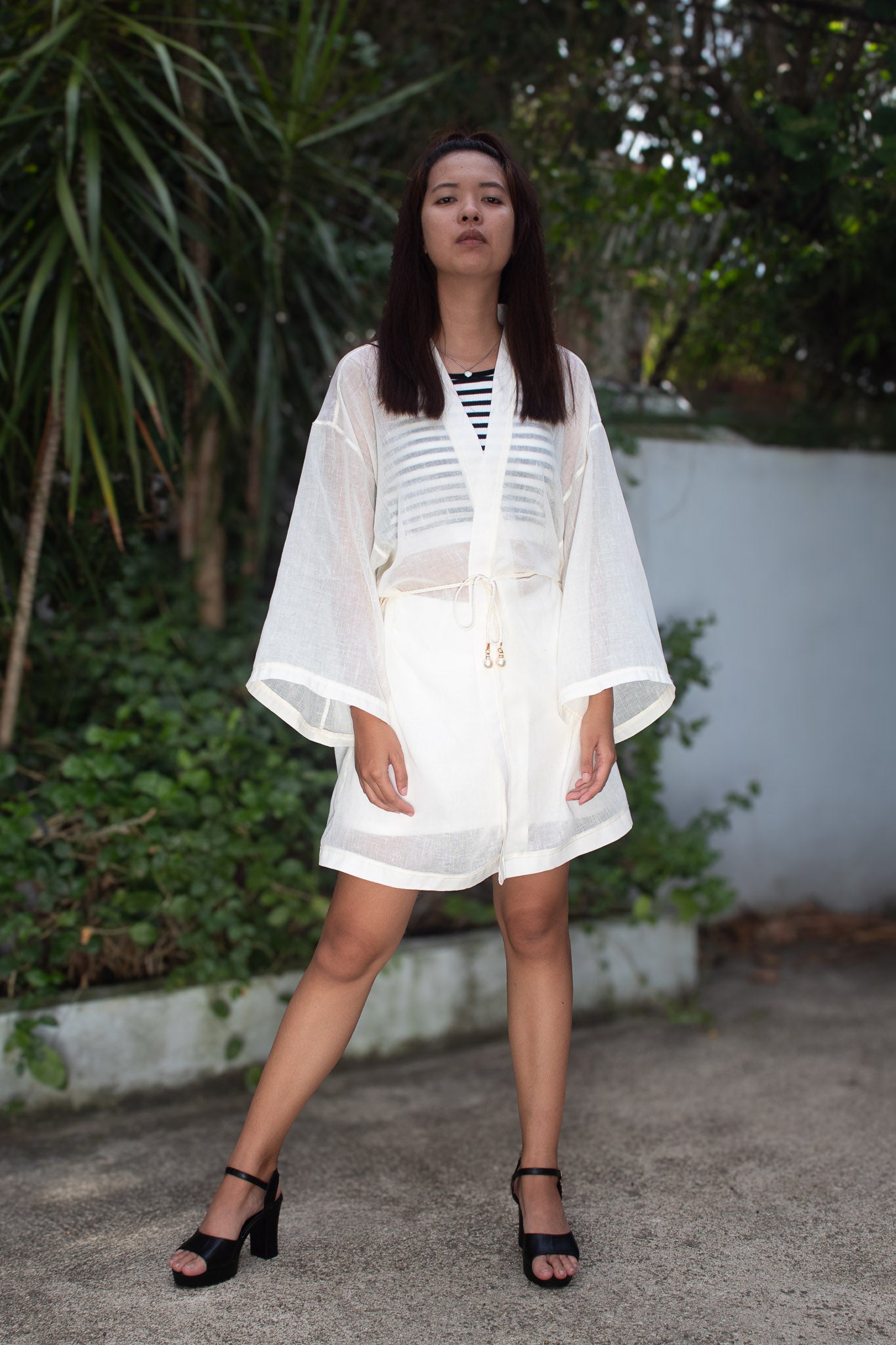 ✦ Cream Drift – Pale Cream Airy Sheer Kimono with Pearl-Tipped Belt