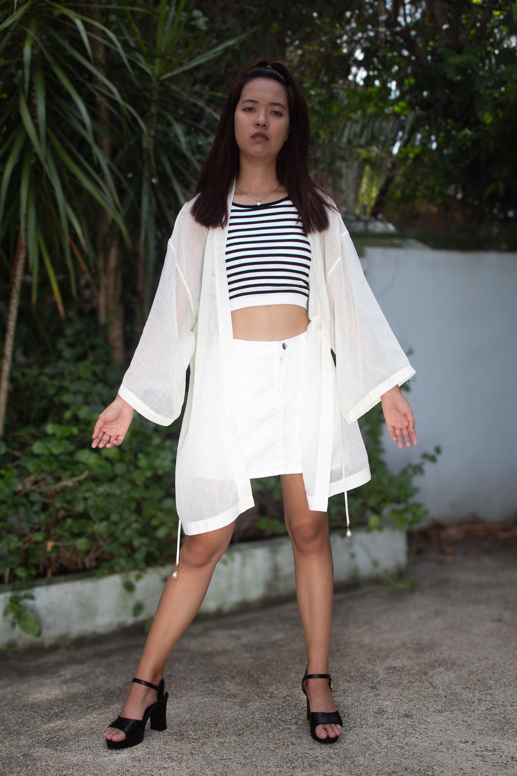✦ Cream Drift – Pale Cream Airy Sheer Kimono with Pearl-Tipped Belt