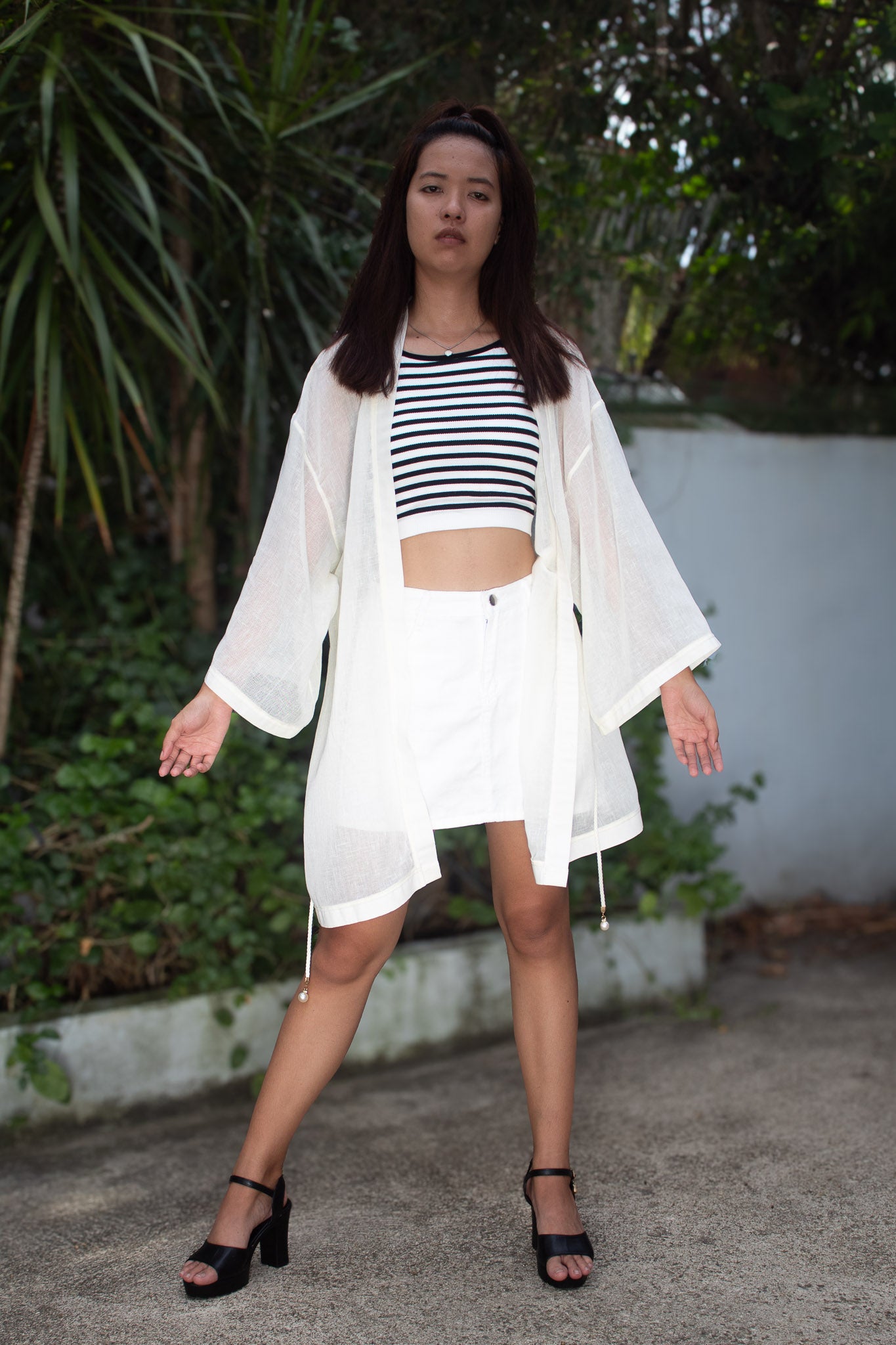 ✦ Cream Drift – Pale Cream Airy Sheer Kimono with Pearl-Tipped Belt