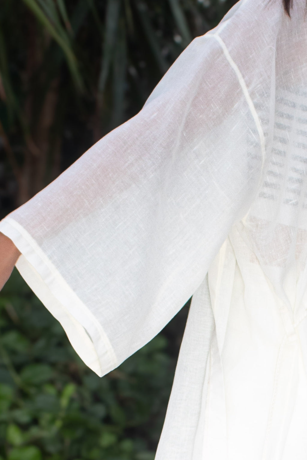 ✦ Cream Drift – Pale Cream Airy Sheer Kimono with Pearl-Tipped Belt