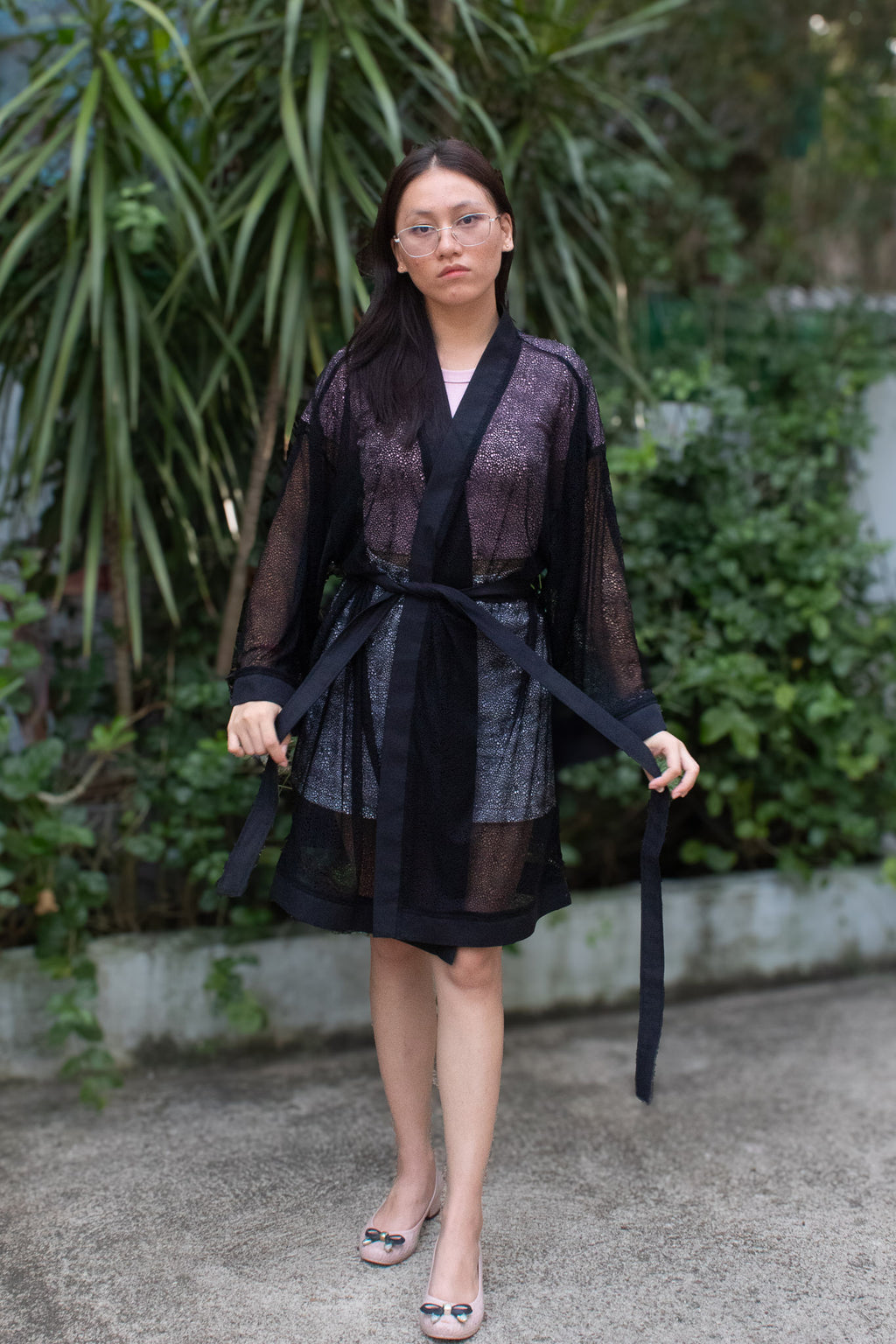 ✦ Shadow Thread – Black Open-Weave Net Kimono with Black Trim