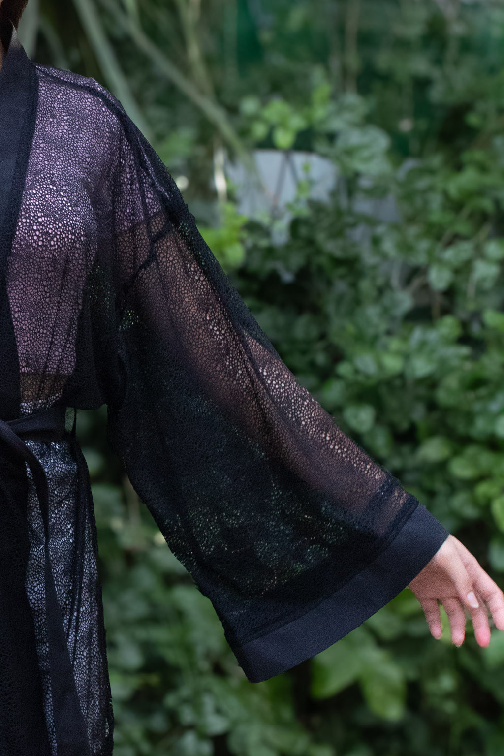 ✦ Shadow Thread – Black Open-Weave Net Kimono with Black Trim