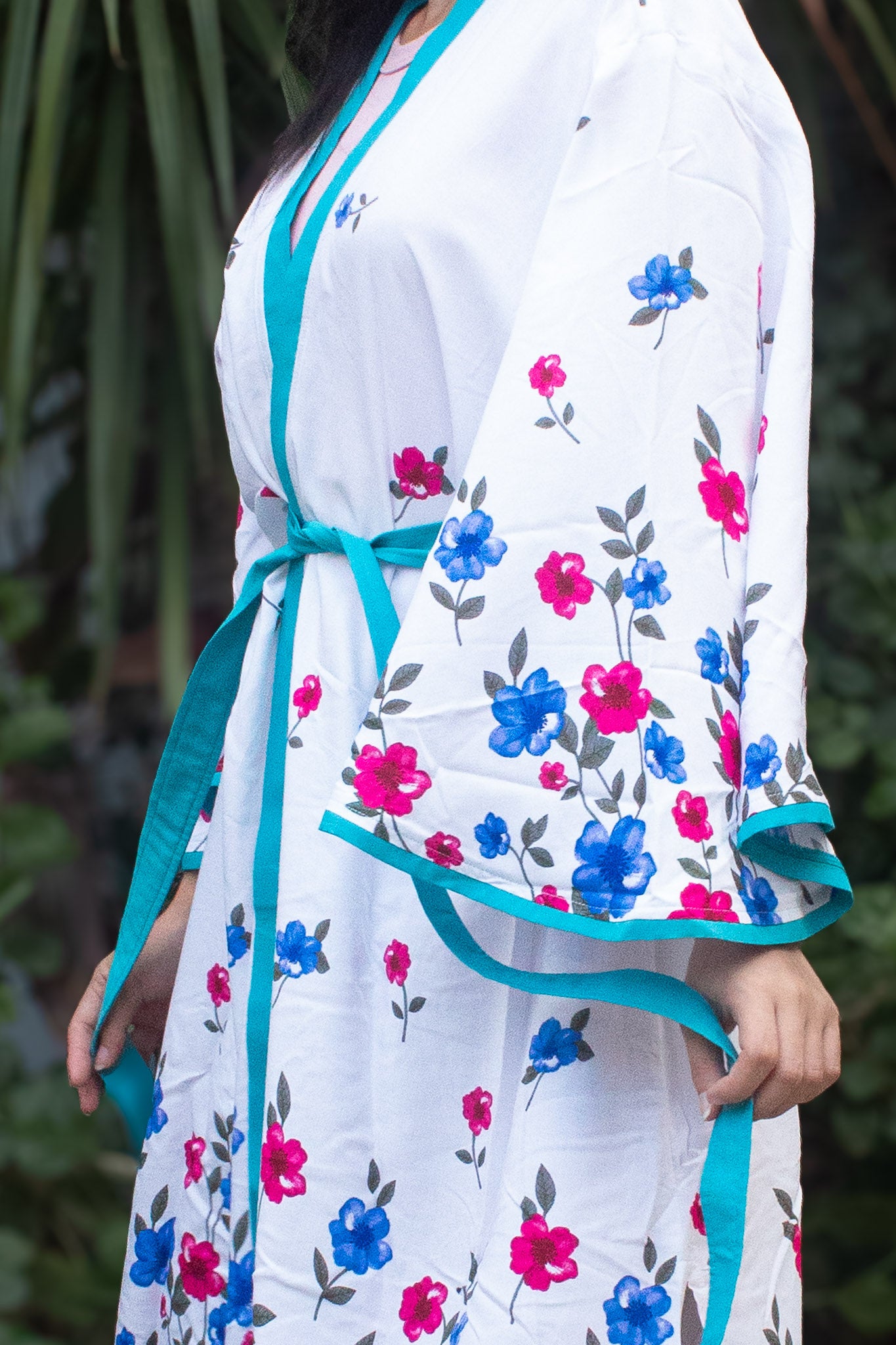 ✦ Bloomtrail Butterfly (Mid-Length) – White Cotton Kimono with Floral Motifs in Matching Accents and Butterfly Sleeves