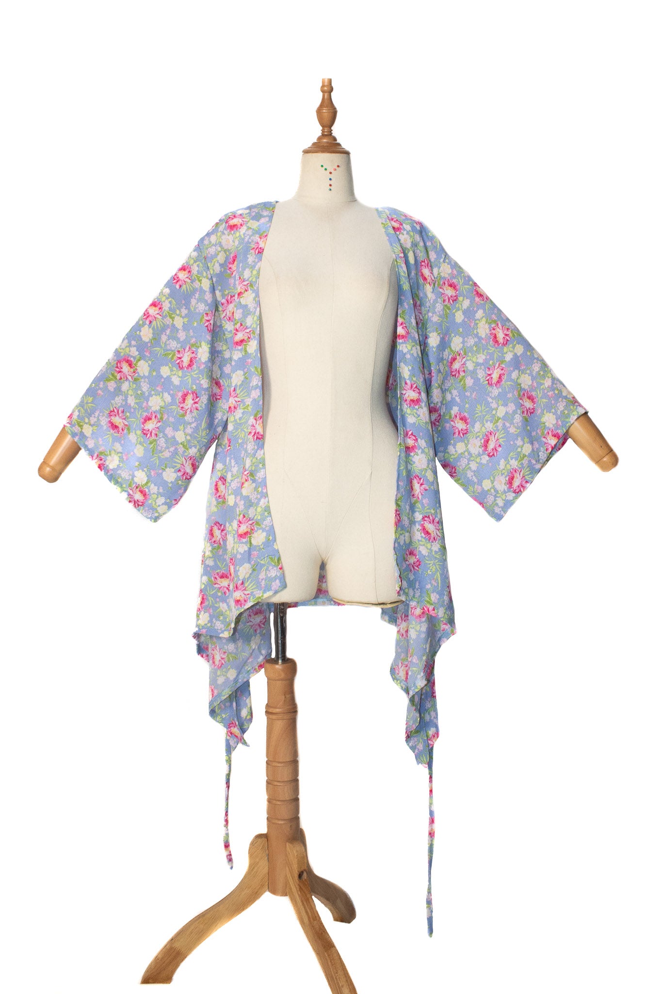 ✦ Floral Whisperlight – Pastel Blue Kimono with Floral Print and Light Drape