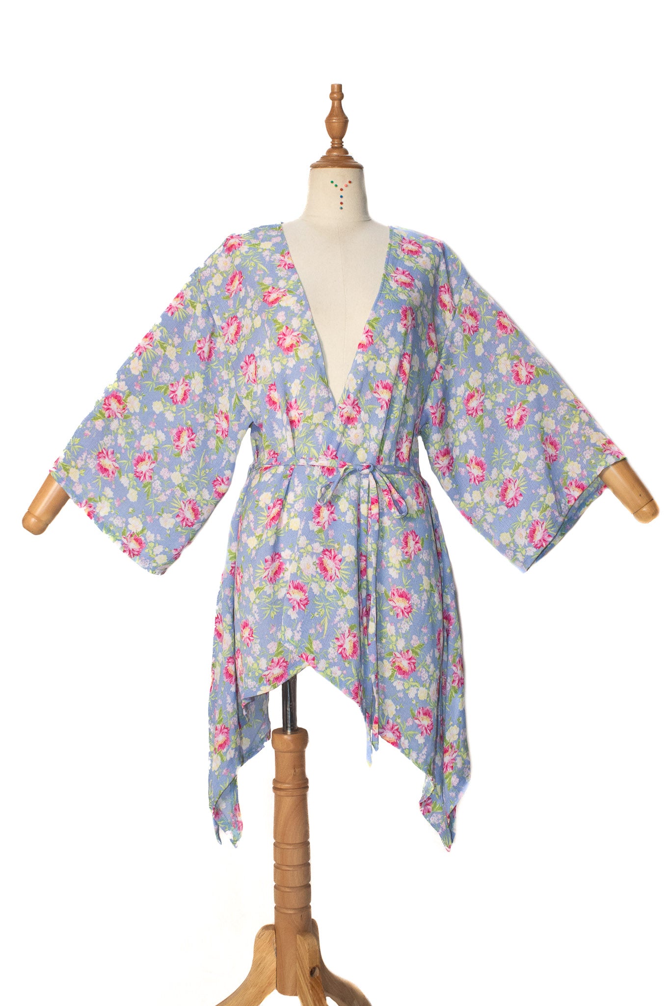 ✦ Floral Whisperlight – Pastel Blue Kimono with Floral Print and Light Drape