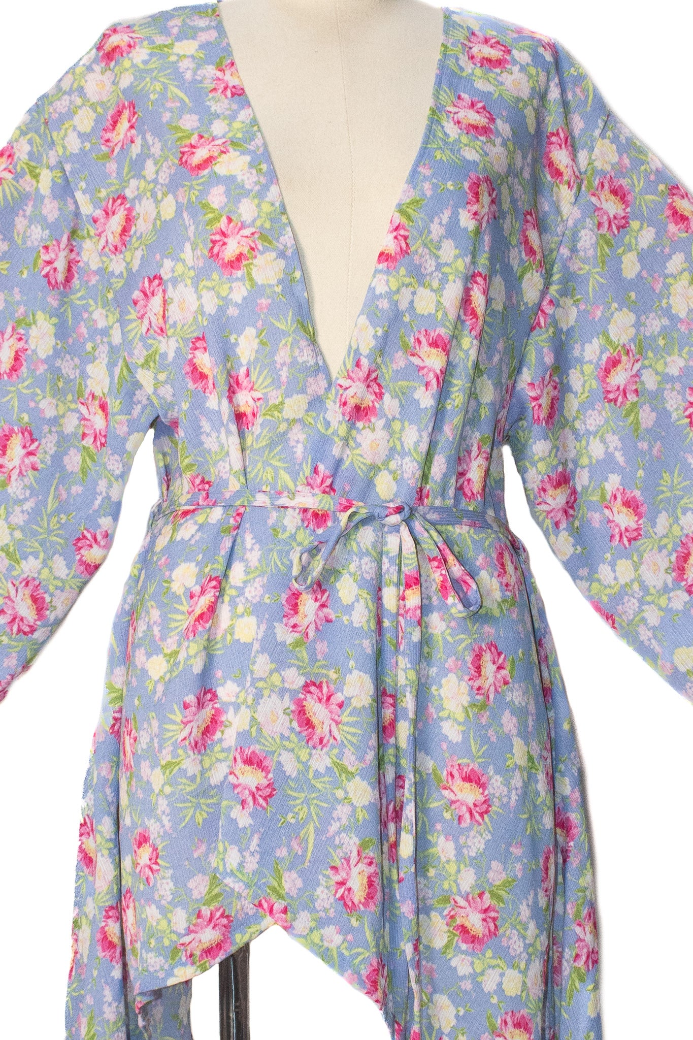 ✦ Floral Whisperlight – Pastel Blue Kimono with Floral Print and Light Drape