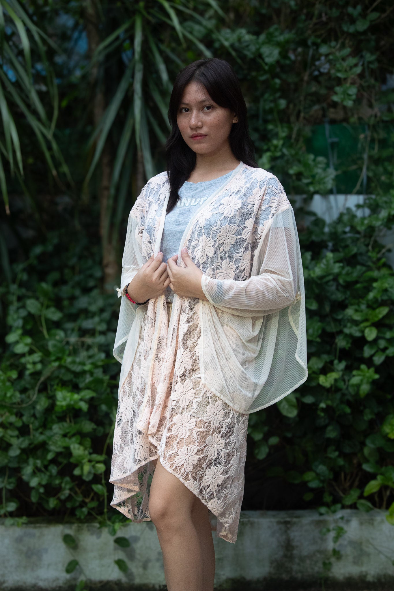 ✦ Cream Whispers – One-of-a-kind Soft & Airy Butterfly-Sleeved Peach Lace Kimono