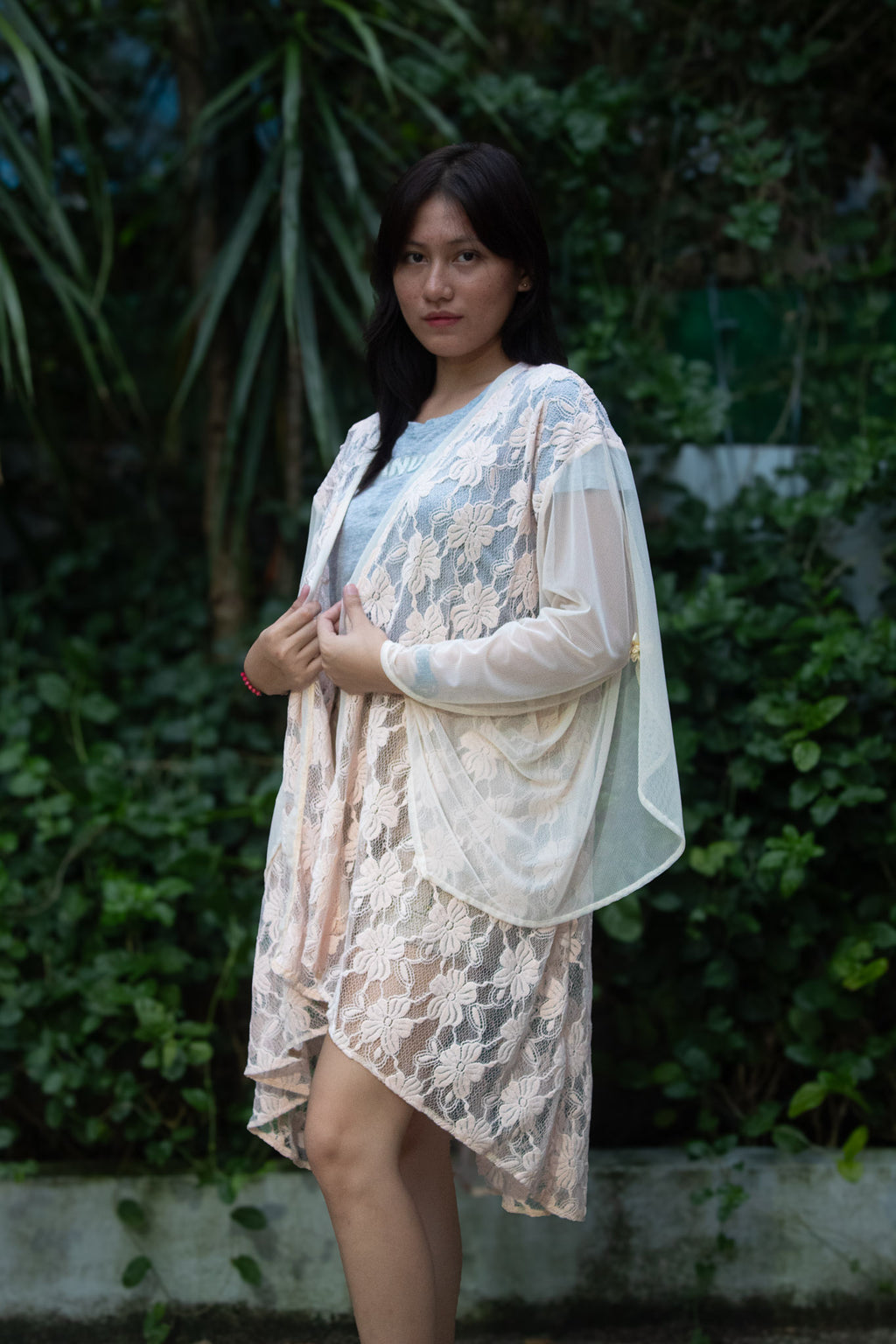 ✦ Cream Whispers – One-of-a-kind Soft & Airy Butterfly-Sleeved Peach Lace Kimono