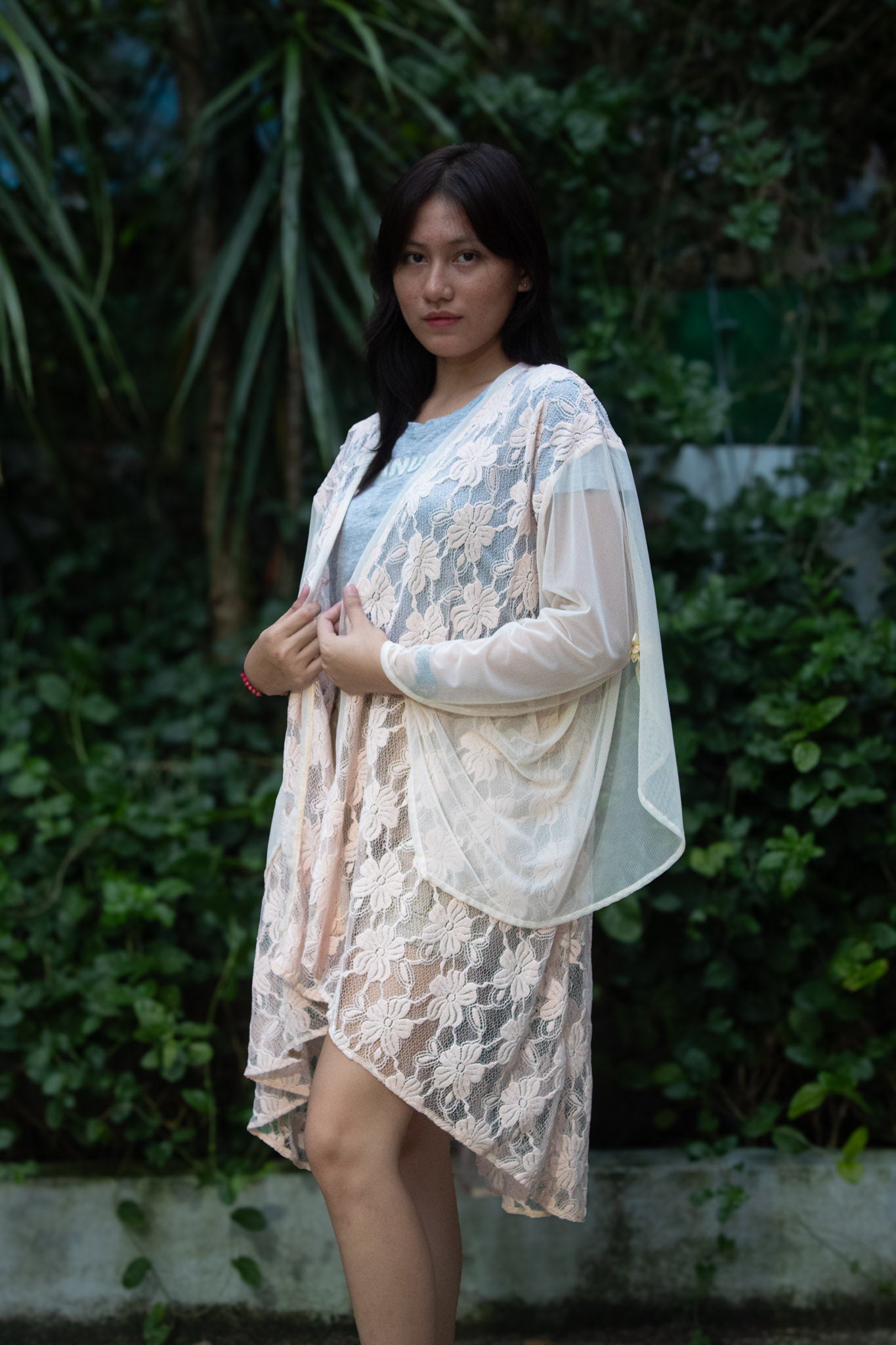 ✦ Cream Whispers – One-of-a-kind Soft & Airy Butterfly-Sleeved Peach Lace Kimono
