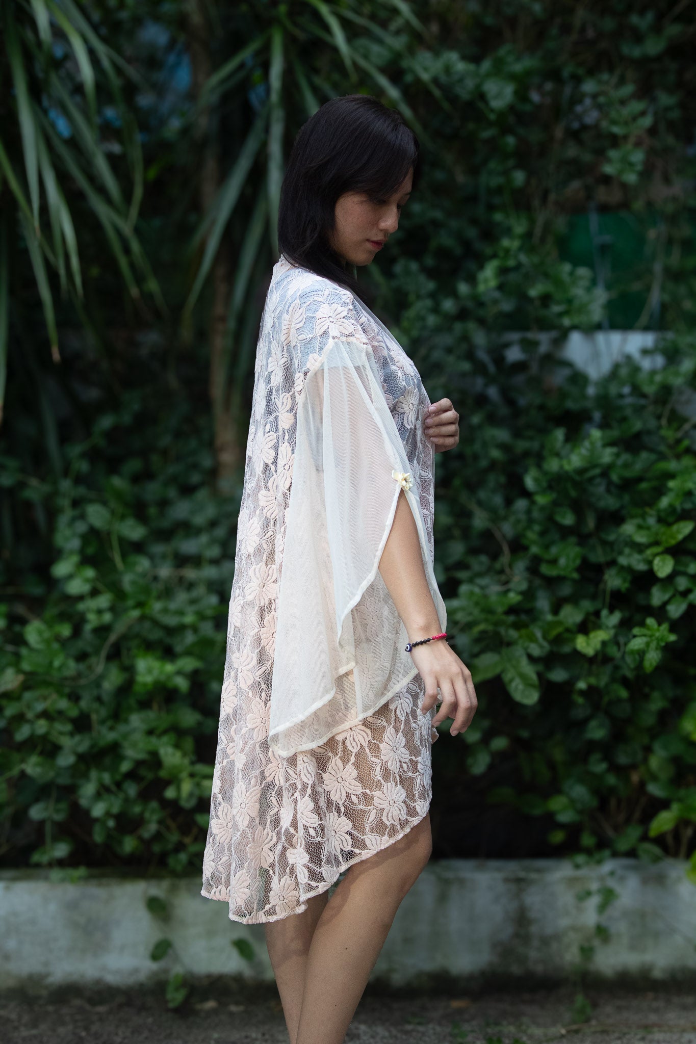 ✦ Cream Whispers – One-of-a-kind Soft & Airy Butterfly-Sleeved Peach Lace Kimono