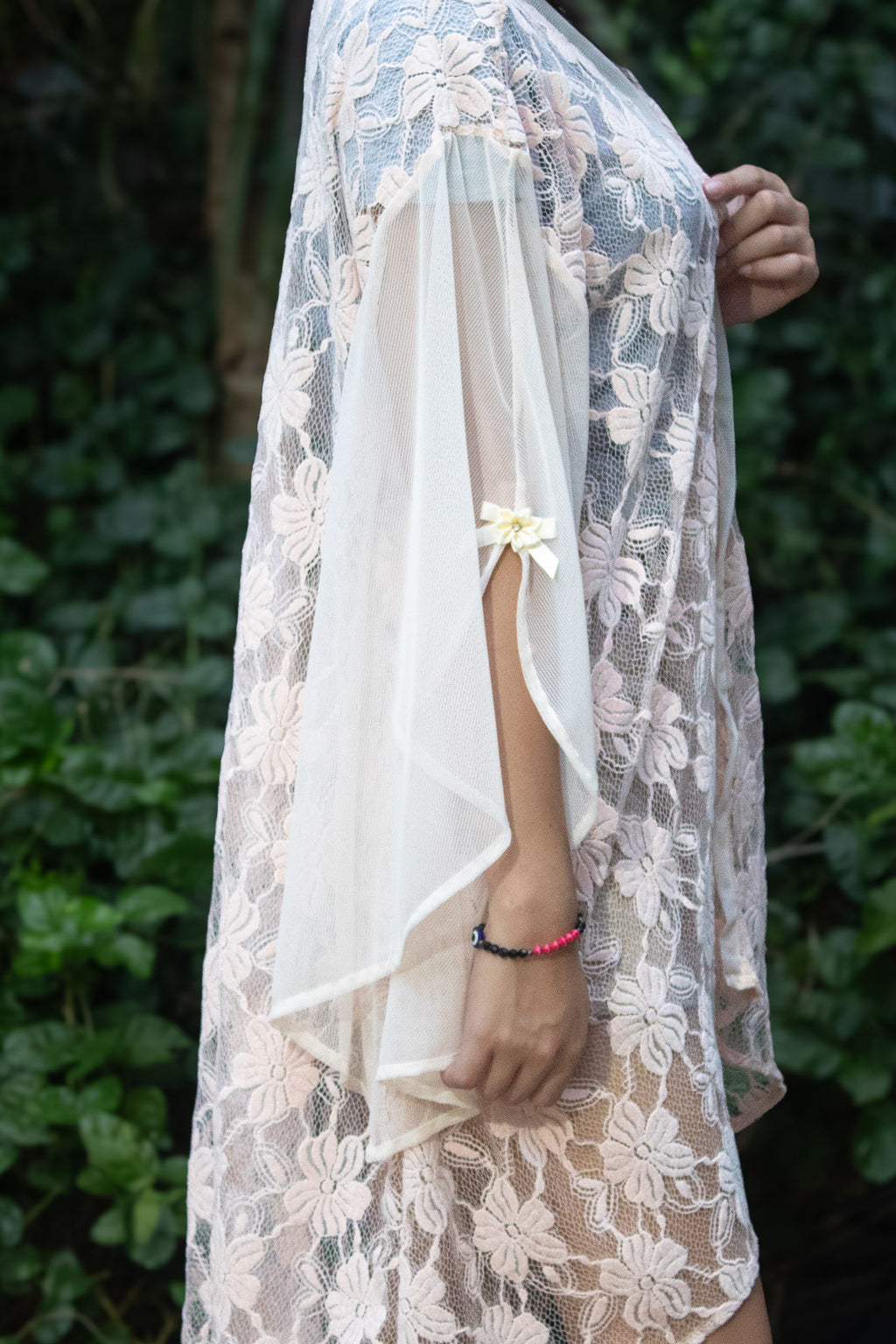 ✦ Cream Whispers – One-of-a-kind Soft & Airy Butterfly-Sleeved Peach Lace Kimono