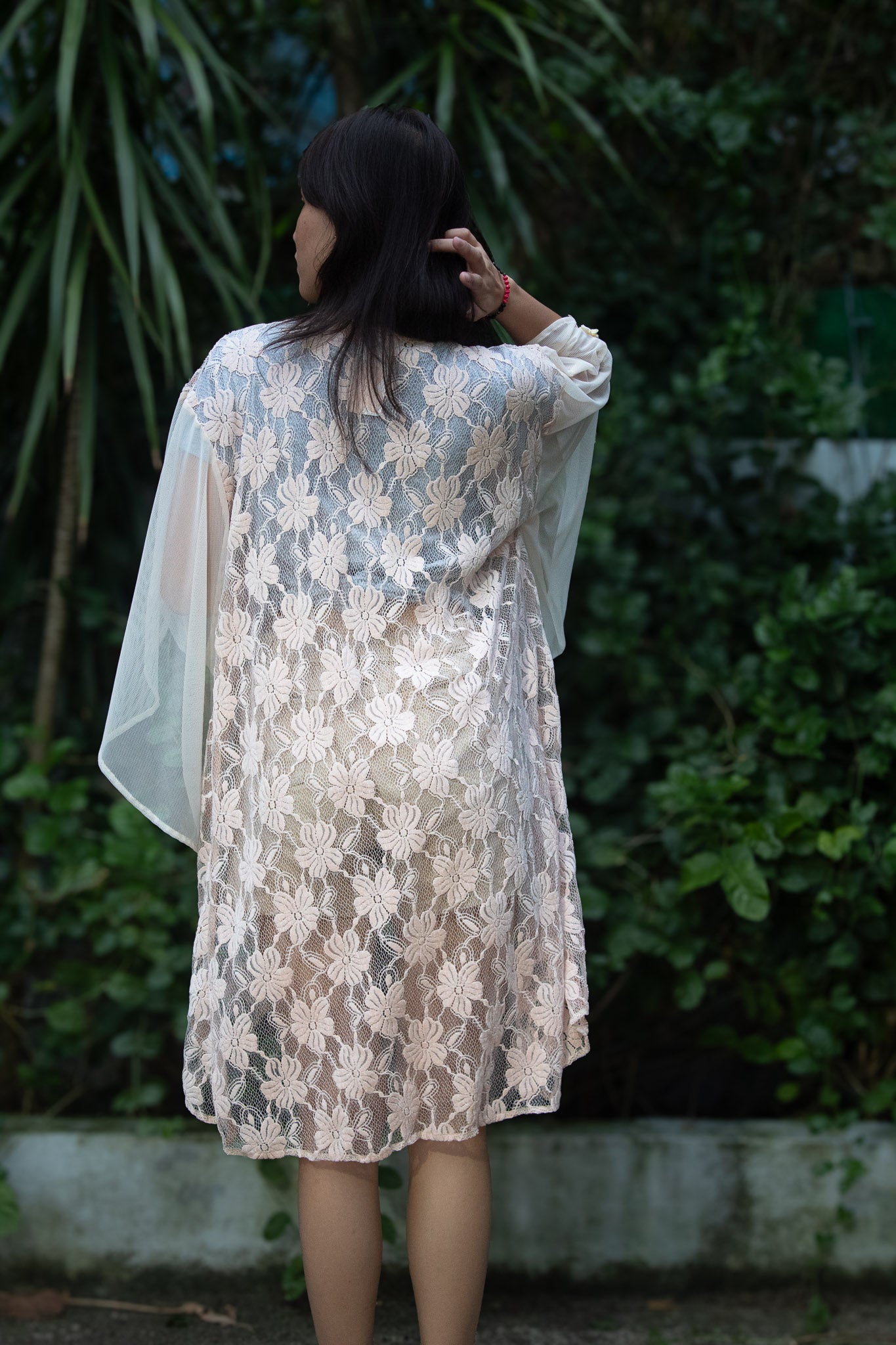 ✦ Cream Whispers – One-of-a-kind Soft & Airy Butterfly-Sleeved Peach Lace Kimono