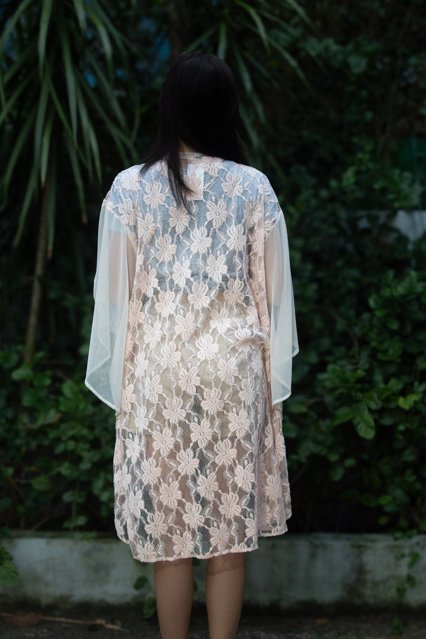 ✦ Cream Whispers – One-of-a-kind Soft & Airy Butterfly-Sleeved Peach Lace Kimono