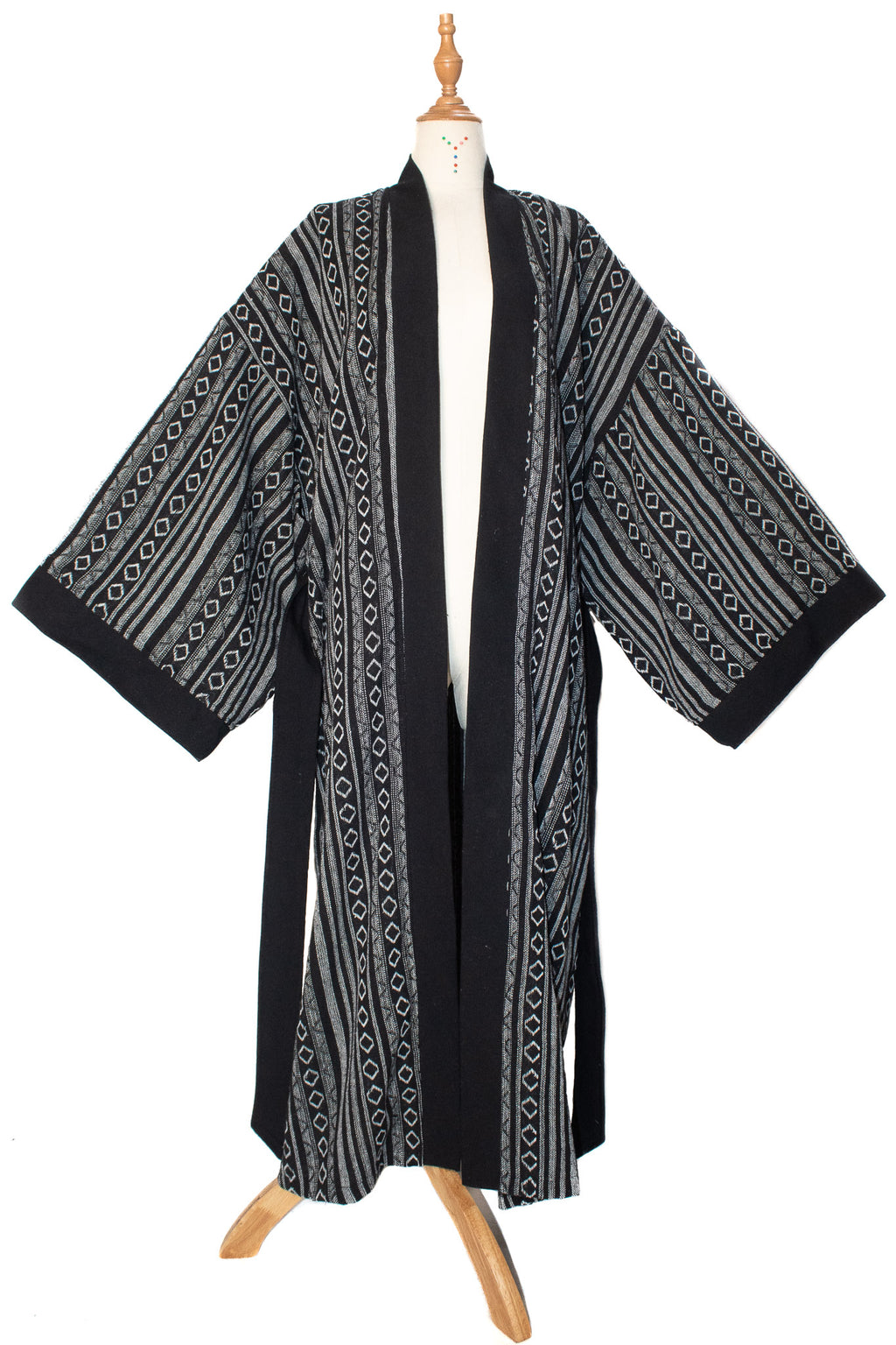 J507 - ✦ Ash Tide – Black and Grey Woven Kimono with Diamond Stripes
